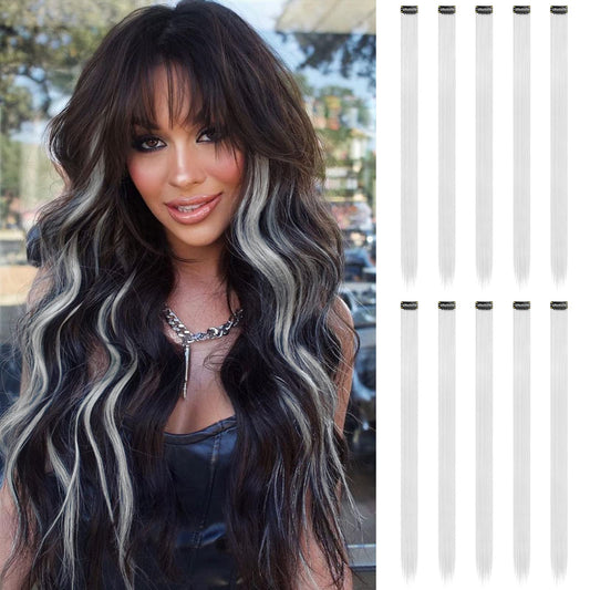 FESHFEN Colored Clip in Hair Extensions - 10 PCS Silver Gray Highlighted Hair Piece Straight Synthetic Clip in Hairpieces for Women 22 inch