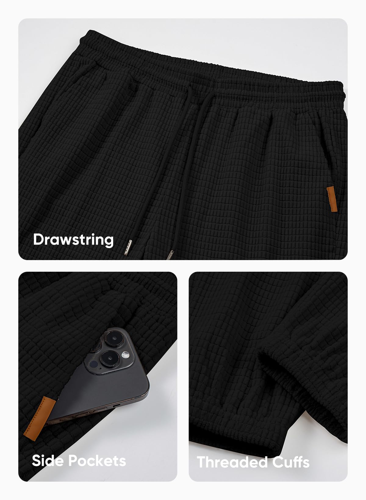 JMIERR Sweatpants for Men Casual Waffle Pants Drawstring Stretch Elastic Waist Winter Textured Tapered Joggers with Pockets, 2XL, Black