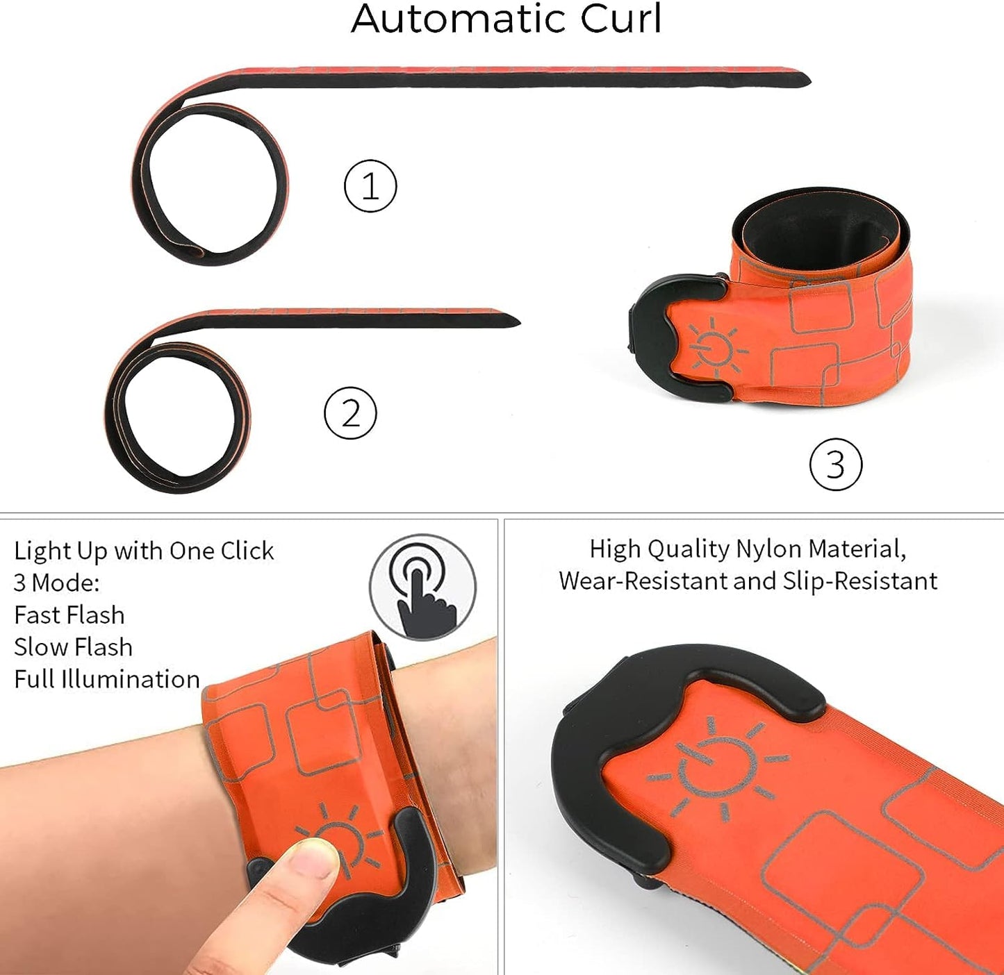 LOBKIN 2 Pcs Rechargeable Safety Bracelets - LED Slap Armband Kids Night Safe Walking Wrist Band Reflective Belt - Magic Band Running Lights Gear for Runners Joggers Bikers