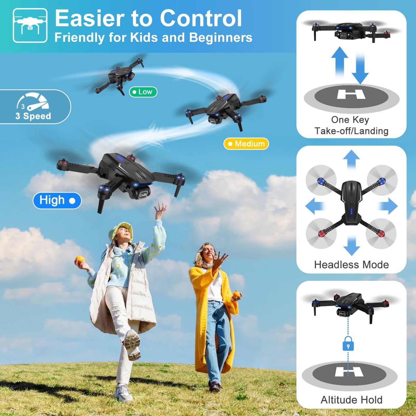 X-shop Foldable FPV Drone with 1080P HD Camera for Kids & Adults, 2 Batteries, One Key Take Off/Land, Altitude Hold, Headless Mode, 360Flip, 3 Speed Modes, Waypoint Fly
