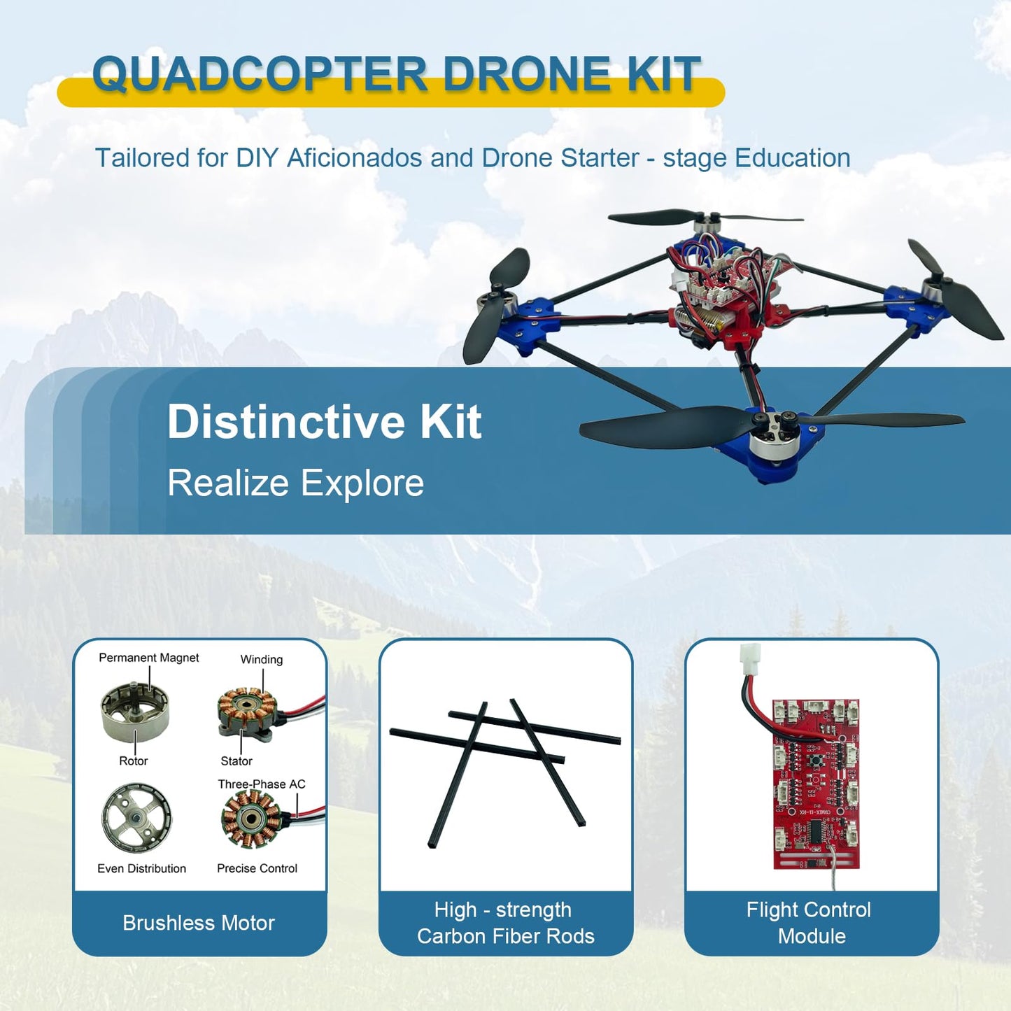 Quadrotor Drone DIY Kit: A Unique STEM Project with Brushless Motor, Optical Flow Hovering, One-Click Takeoff and Landing, and 360° Flip for DIY Enthusiasts to Learn Drone Basics