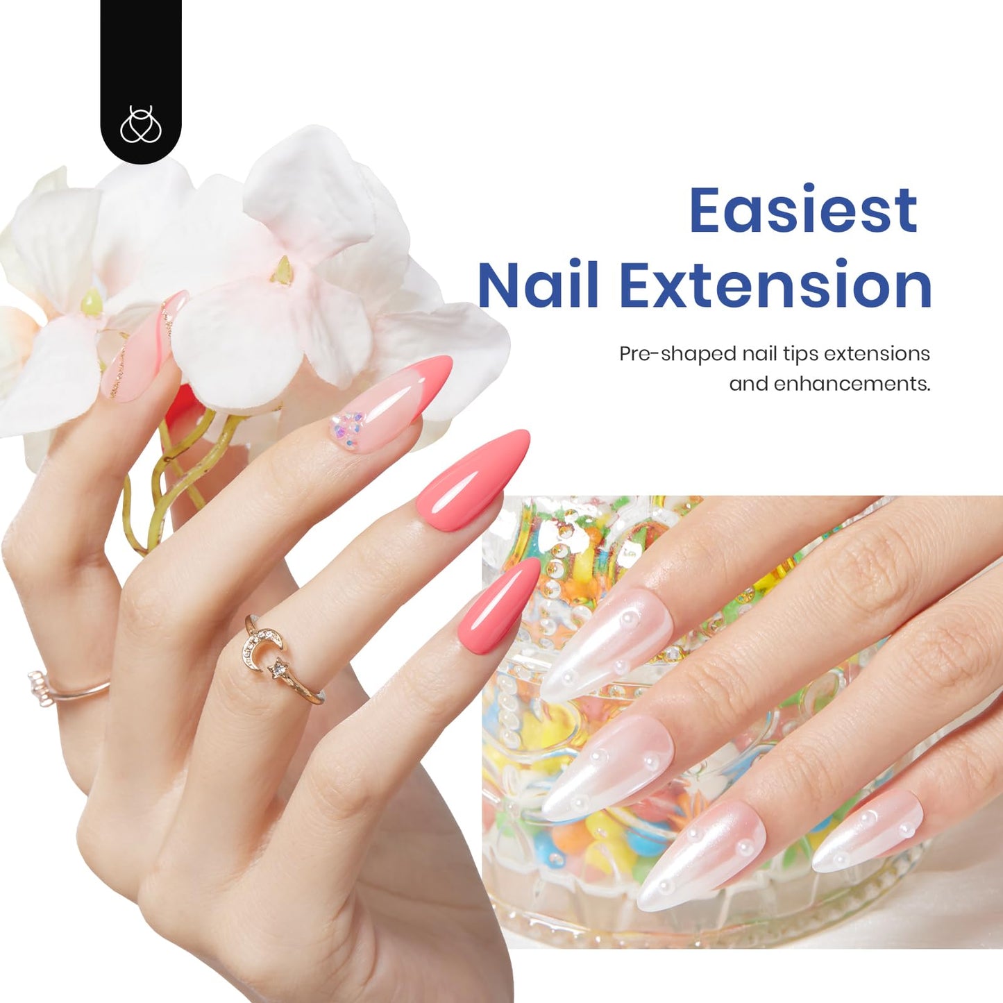 Beetles Gel Nail Kit Almond Nail Tips Easy Nail Extension Set 5 In 1 Nail Glue Gel with Pre shaped Medium Almond Nail Tips & UV Nail Lamp Acrylic Nail Clipper DIY Art Gifts for Her