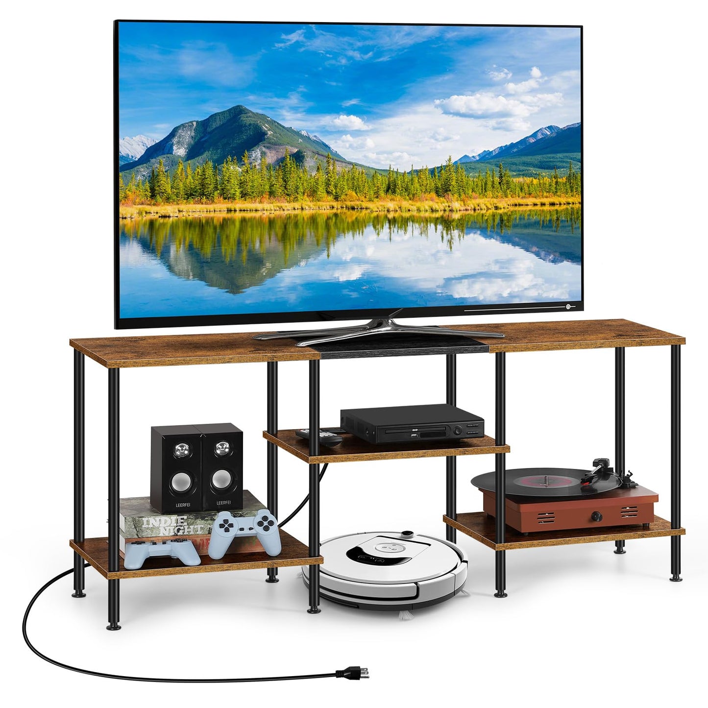 TV Stand for Bedroom 50 Inch TV Stand with Power Outlet 3 Tier Entertainment Center with Storage TV Console Table for 50 43 40 32 Inch TV, Rustic Brown