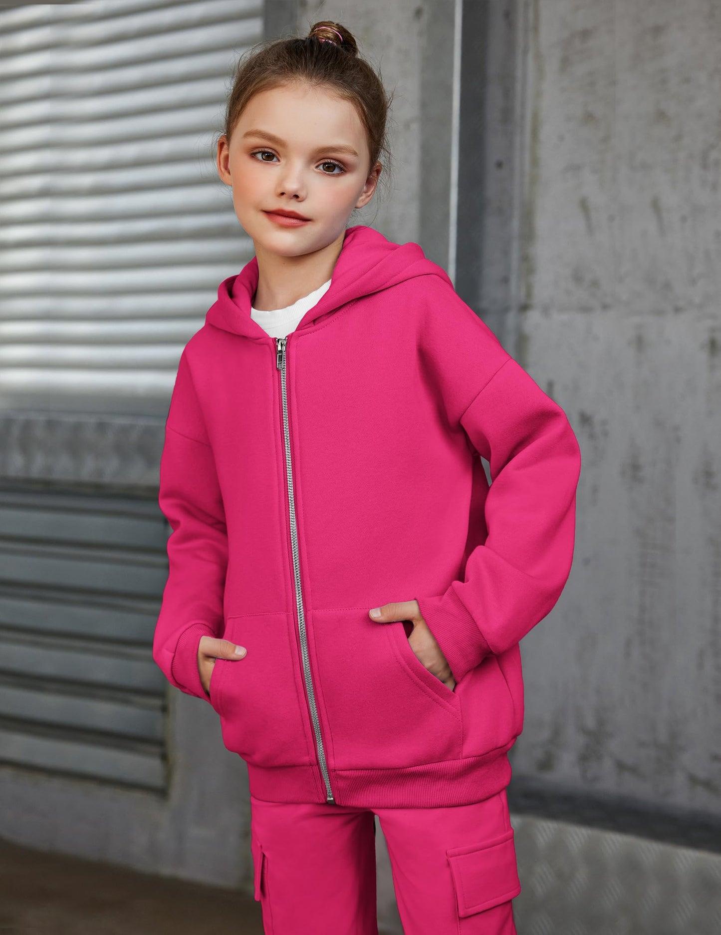 Arshiner Tween Girls Fuzzy Zipper Hoodie Sweatshirt Pink Winter Basic Jacket With Kangaroo Pocket for 12-13 Years
