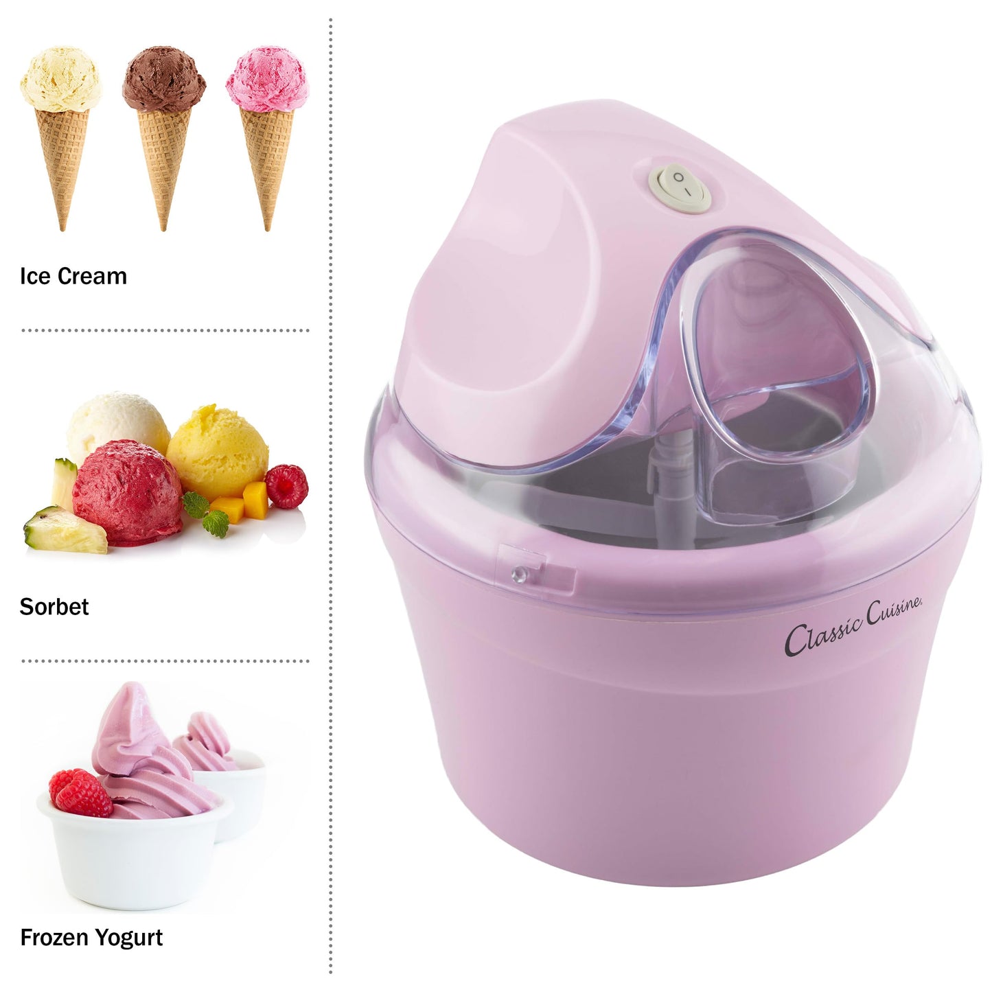 Ice Cream Maker - 1QT Ice Cream Machine Makes Sorbet, Gelato, Ice Cream, and Frozen Yogurt - Kitchen Appliances and Gadgets by Classic Cuisine (Pink)
