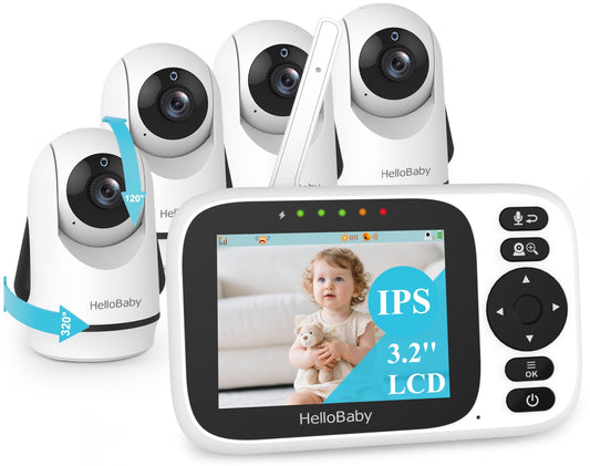 HelloBaby 3.2'' Baby Monitor 4 Cameras, Video Audio Baby Monitor No WiFi, Remote Pan-Tilt-Zoom, ECO, Night Vision, 2-Way Talk, 1000ft Range, 8 Lullabies and Temperature, Gifts for Parents and Babies