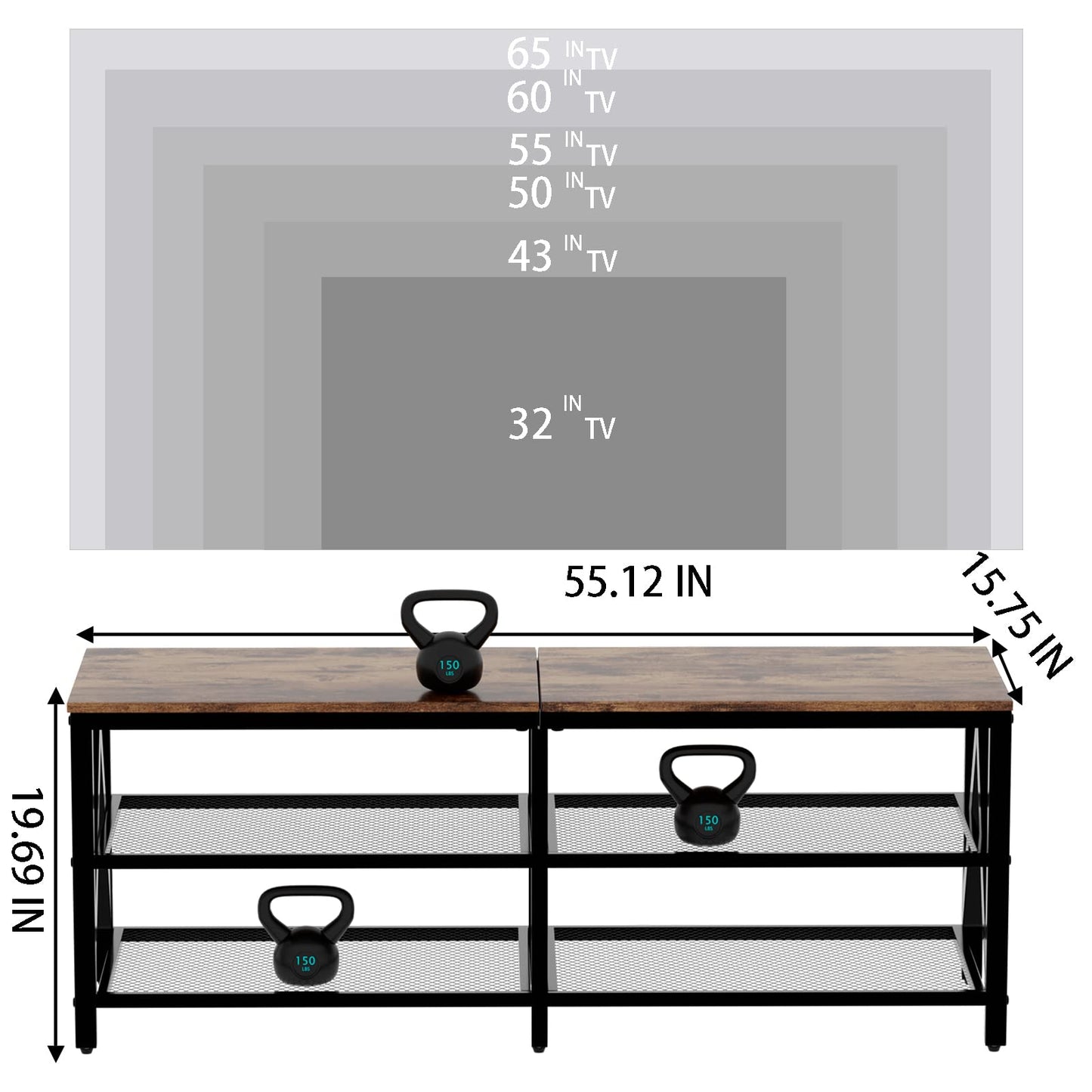 Katrawu TV Stand for TV up to 65 Inch, Long 55" TV Cabinet with 3-Tier Storage Shelves,Entertainment Center TV Console Table for Living Room with Industrial TV Metal Frame, Rustic Brown