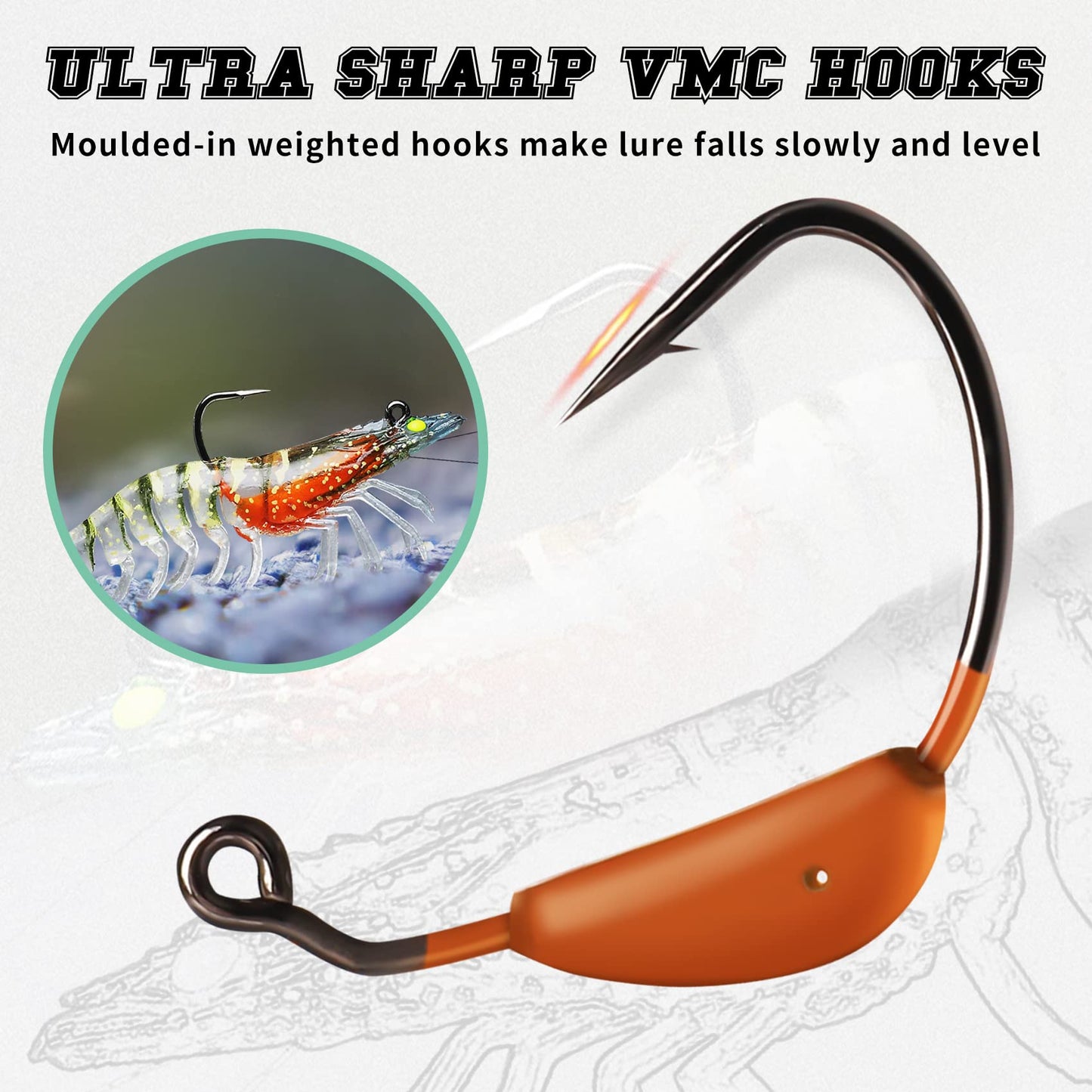 TRUSCEND Pre-Rigged Fishing Jigs, 1:50 Super Durable TPE Bass Fishing Lures, Well-Made Lifelike Soft Shrimp Swimbait, Weedless MarshSwamp Fishing Lure for Trout Crappie Walleye, Keep Separately!