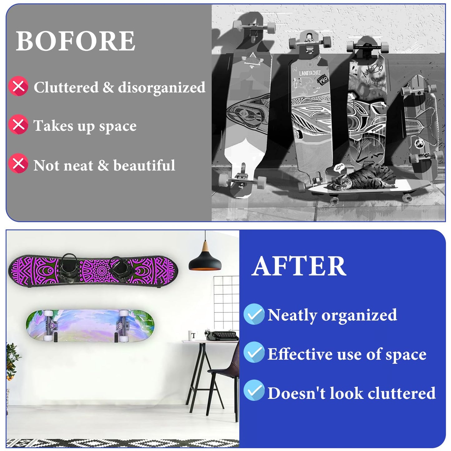 ZWIN 4Pcs Horizontal Snowboard Wall Mount Clips, Horizontal Snowboard Wall Rack Hanger Holders Storage Skateboard Wall Mount Display Rack for Room Garage Business