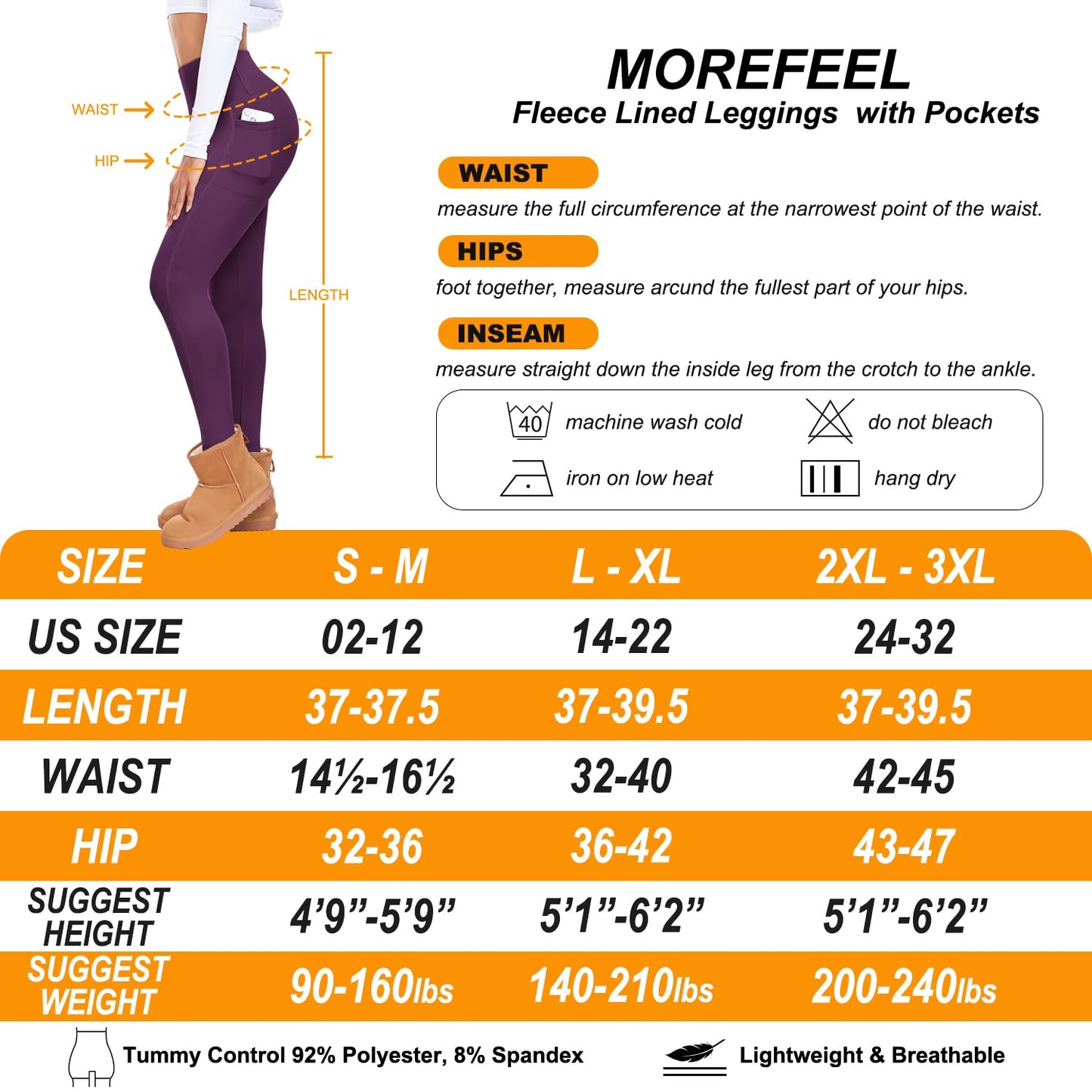 MOREFEEL Fleece Lined Leggings with Pockets for Women High Waisted Thermal Winter Tummy Control Yoga Pants Workout Tights Purple