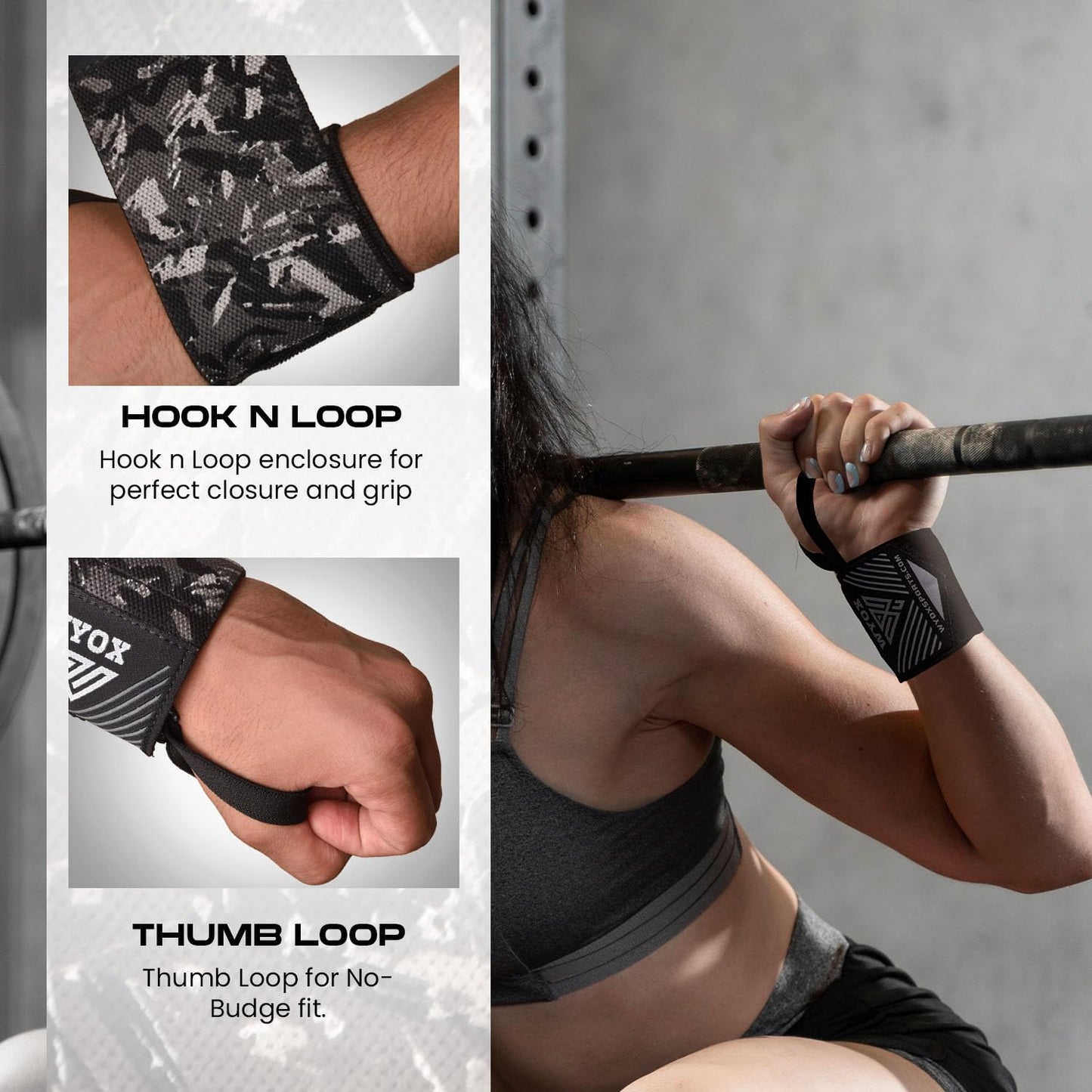 WYOX Unisex Wrist Wraps for Weightlifting | Wrist Wraps for Men and Women | 18'' Extended Length Strong Wrist Strap | Weight Lifting Wrist Wraps with Thumb Loop for Muscle Stability (Camo Grey)