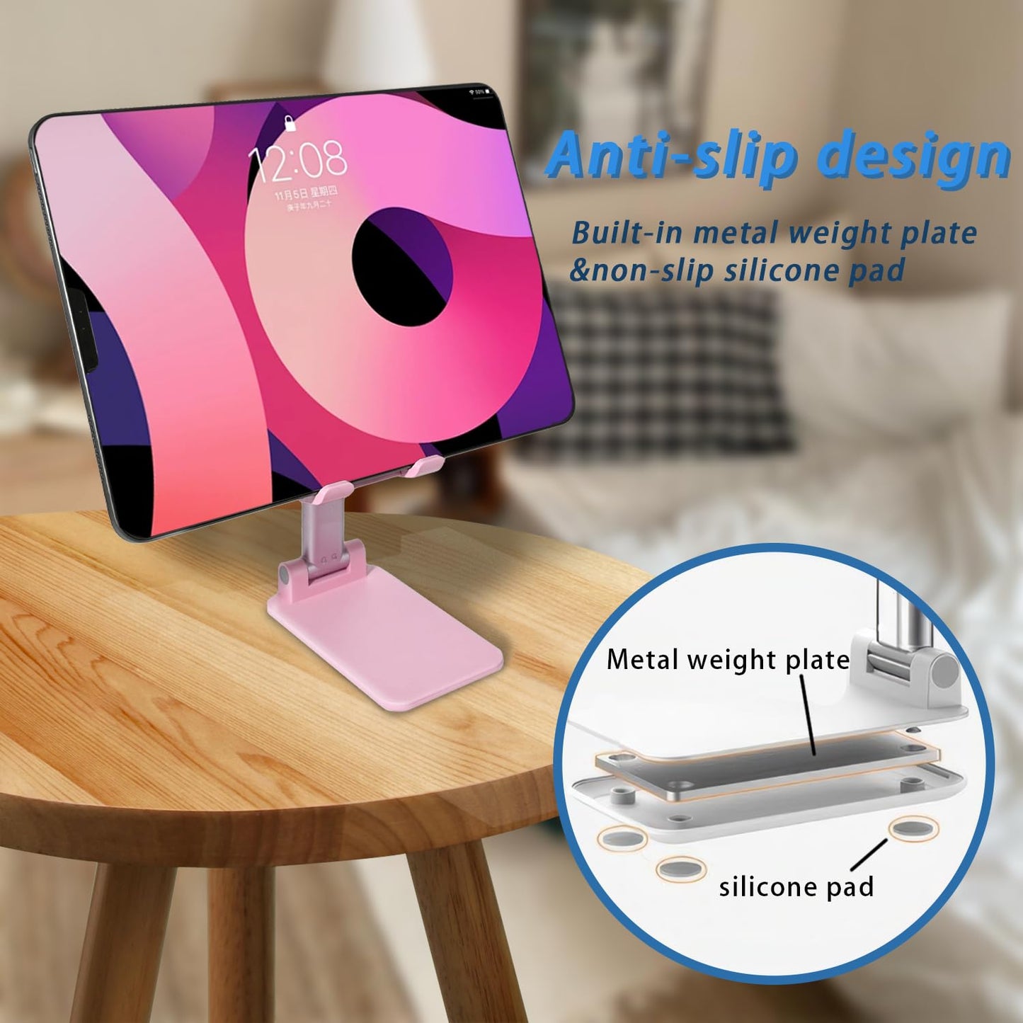 HZZADZXW Cell Phone Stand, Angle Height Adjustable Cell Phone Holder for Desk, Fully Foldable with Silicone Pad, Compatible with iPhone and All Mobile Phones Tablet, Sturdy Weighted Base (Pink)