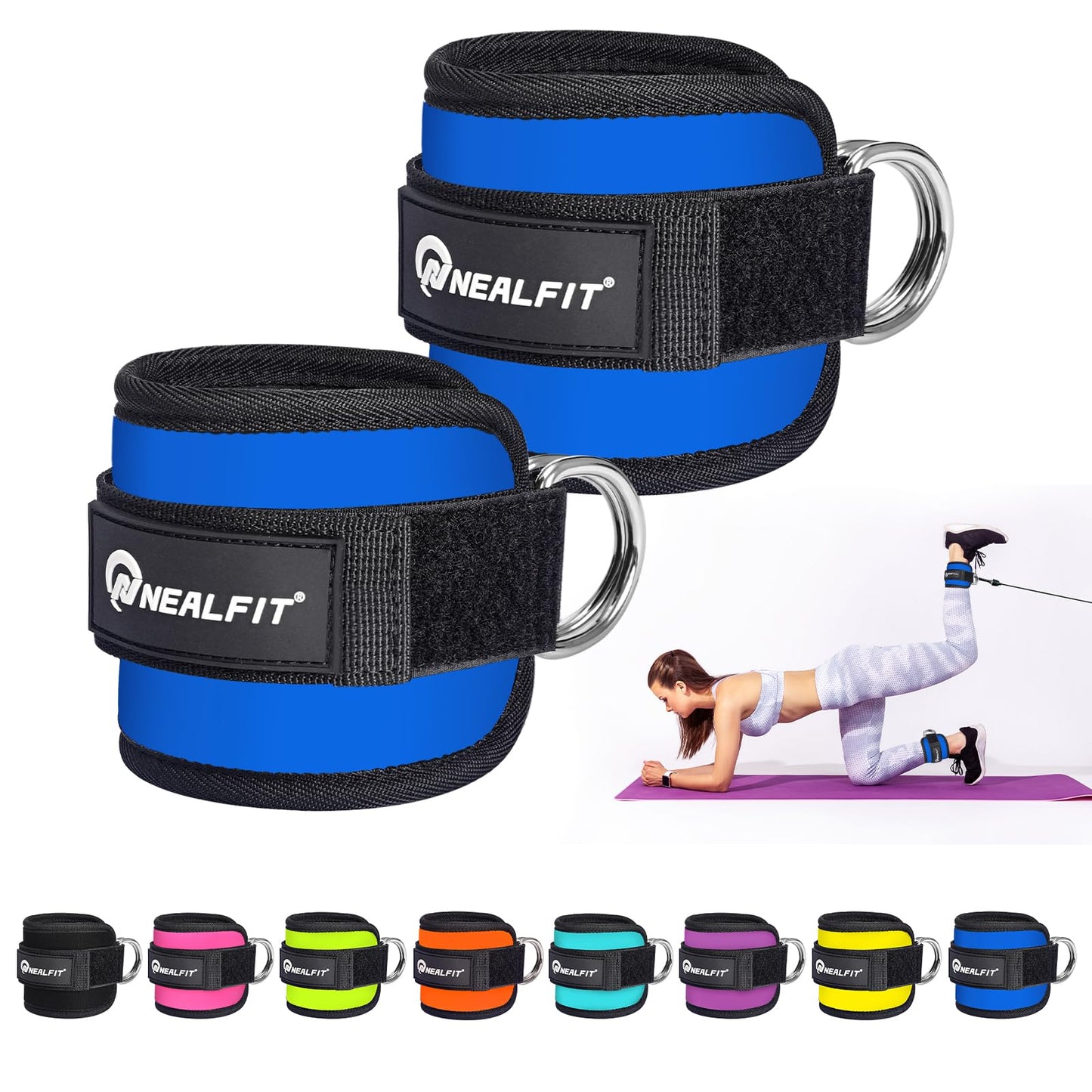 NEALFIT Ankle Strap for Cable Machine, Gym Ankle Cuff for Kickbacks, Leg Extensions, Glute Workouts, Booty Hip Abductors Exercise for Women and Men (Pair, Sapphire Blue)