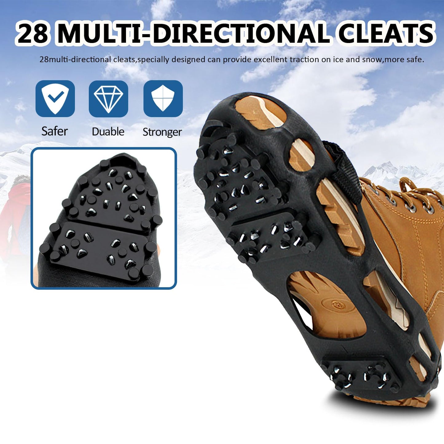 MOVOYEE Ice Cleats for Shoes and Boots Women Men, Crampons for Hiking Boots Climbing Fishing Running, Rubber Stainless Steel Studs Traction Anti Slip Grips Spikes for Shoes On Ice Snow Winter Walking