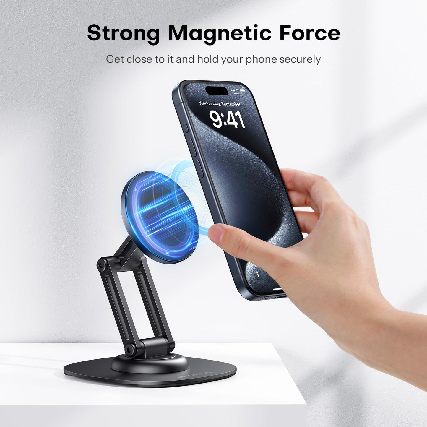 OMOTON 360°Rotating Magnetic Phone Stand for Desk, Adjustable Foldable Aluminum for MagSafe Cell Phone Stand Holder with Non-Slip Base, for iPhone 16/15/14/13 Pro Max/MagSafe Case- Black