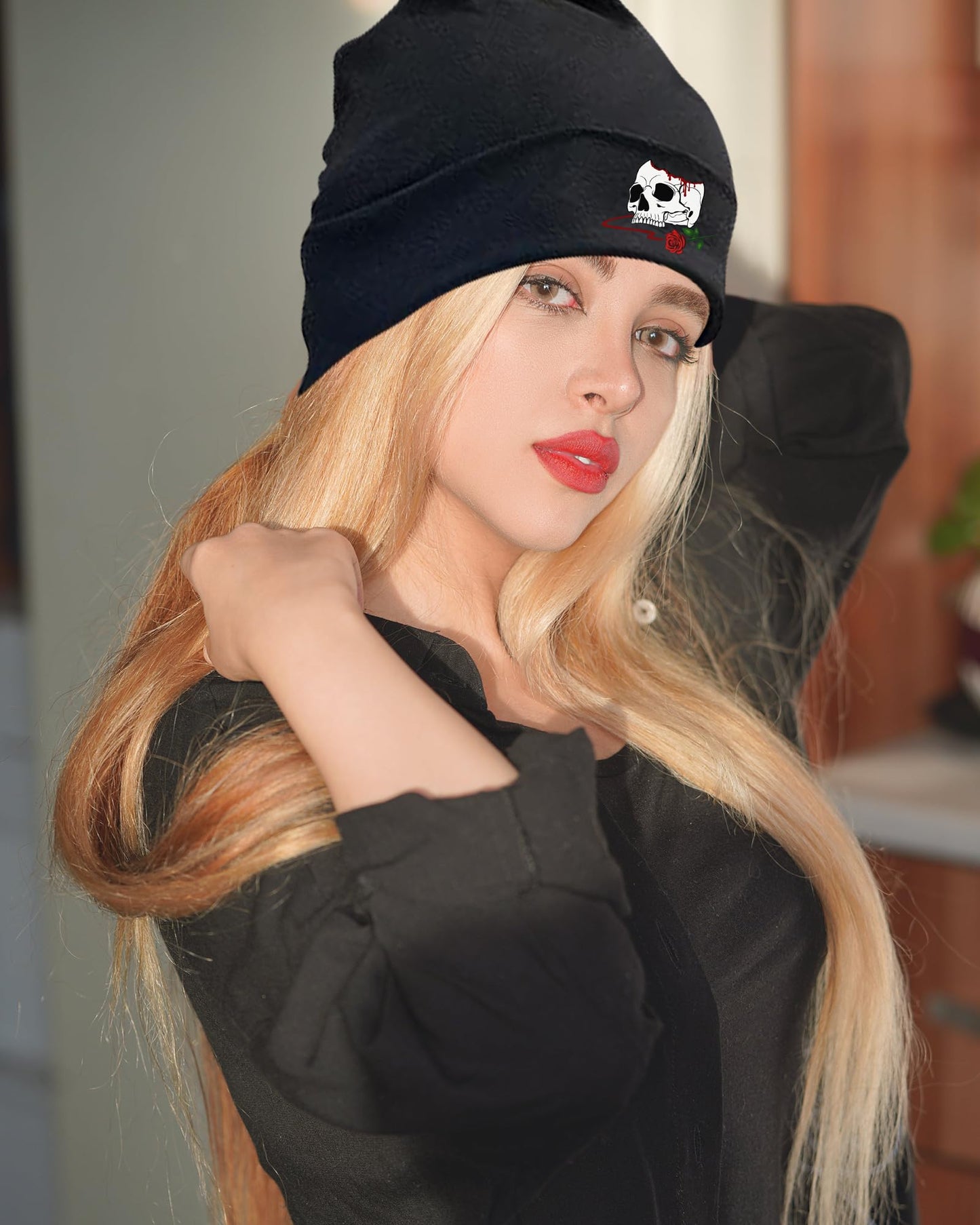 Tijeyi Horror Skull Rose Hat Fashion Reaper Grim Beanies for Men Cool Men's Horror Beanie Caps Halloween Hat for Women Guys Teens Boys Graphic Warm Winter Hat