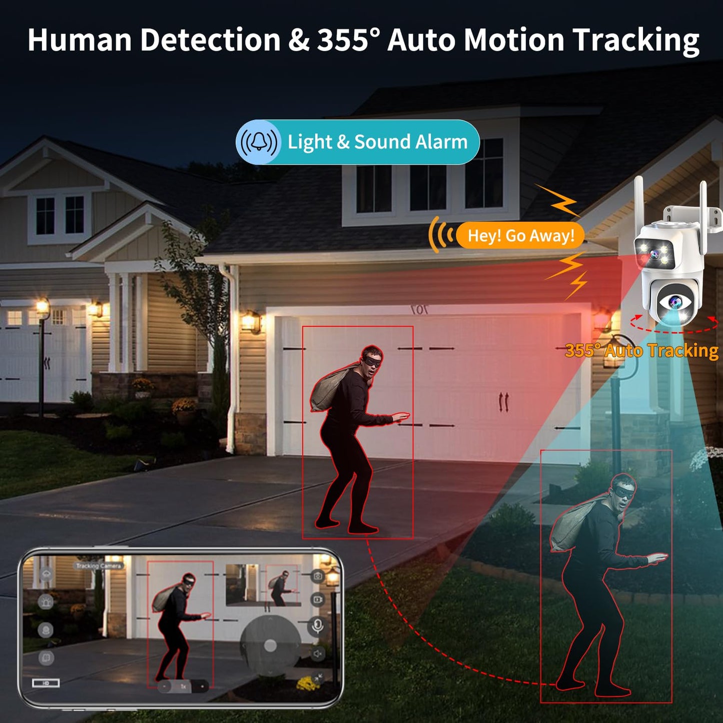 ESCANU Dual Lens Security Camera Outdoor,WiFi Camera for Home Security,Home Survaillance Outdoor,PTZ,2-Way Audio, Auto Tracking,Night Vision,24/7 Continous Record,IP65 Weather Proof