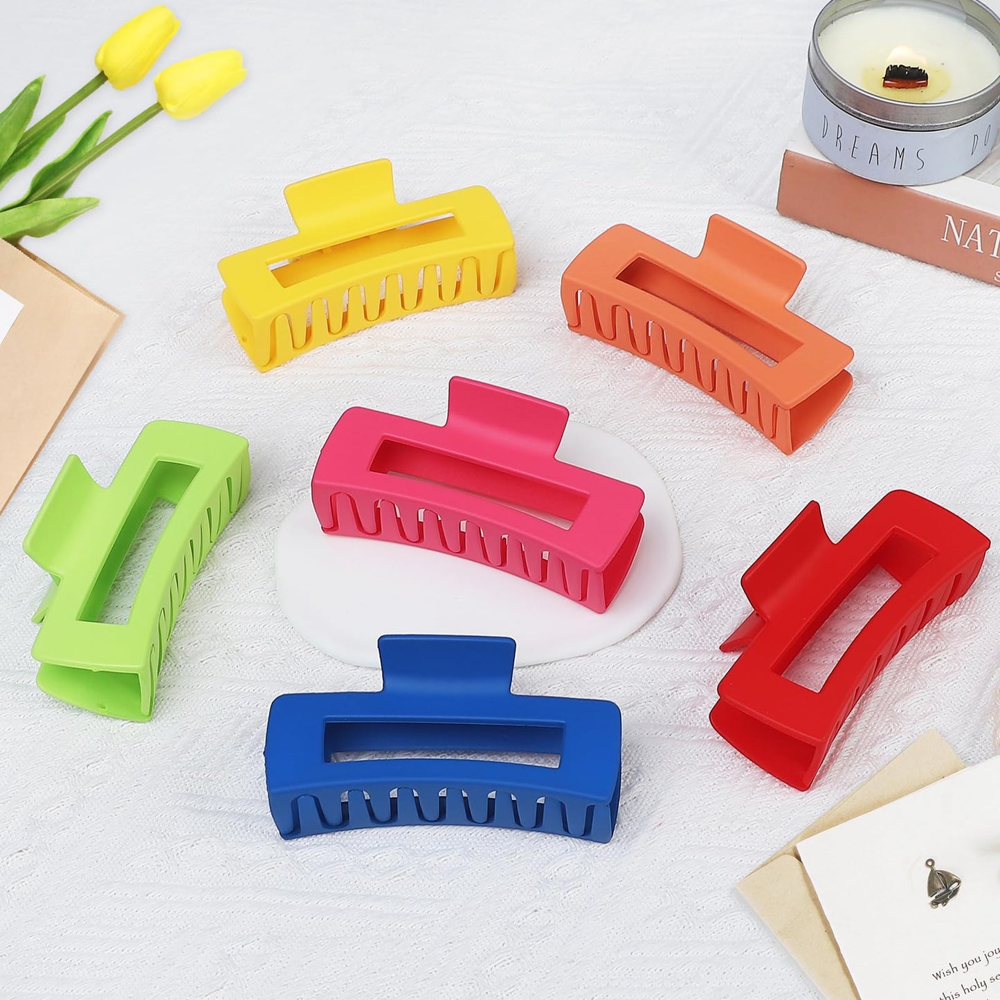 Sisiaipu 4 Inch Big Hair Claw Clips - 6 Pcs Large for Thick Hair, Square and Rectangle, Banana Jaw Clips, Hair Accessories for Women and Girls - Dopamine