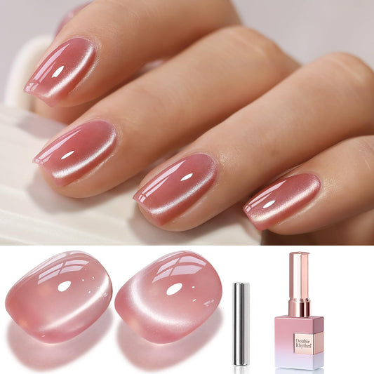 Double Rhythm 15ML Glass Cat Eye Gel Polish with Magnet Same Color Same Bottle Holographic Glitter Shimmer Salon Soak Off Magnetic Nail at Home (Rose Pink-MC1165)