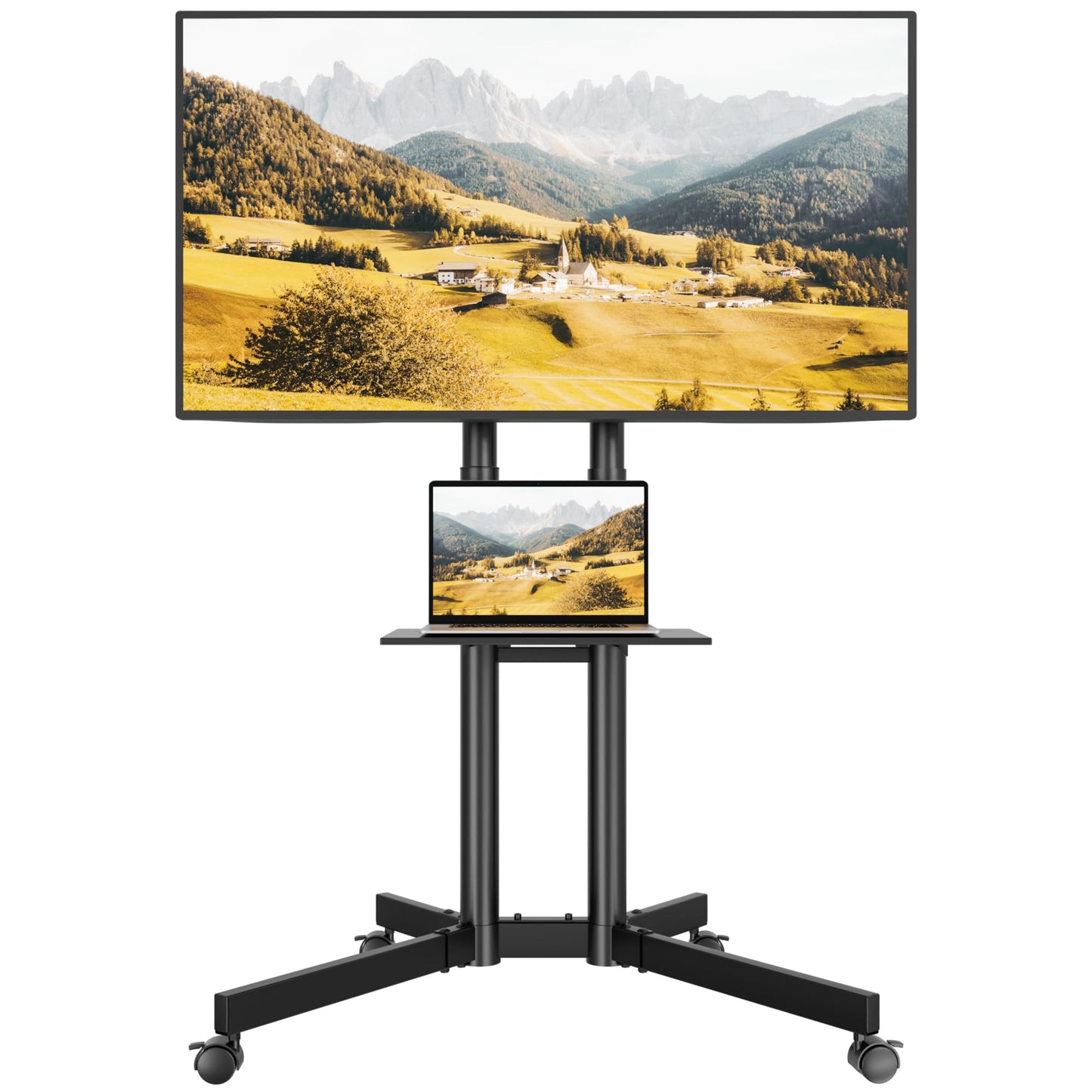 BONTEC Mobile TV Stand for 32 to 85 inch Screens up to 121 lbs, LED LCD OLED Plasma 4K Smart Flat and Curved Panels, Rolling Stand with Laptop Shelf, Locking Wheels, Max VESA 600x400mm, Black