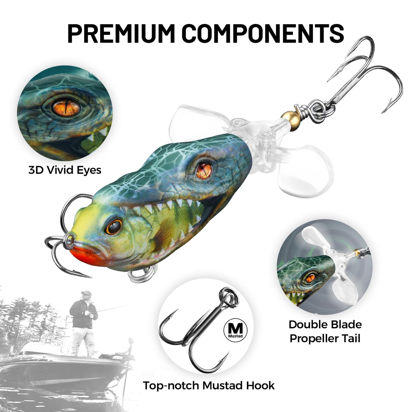 HANDING 3PCS Plopper, Bass Fishing Lure for Freshwater and Saltwater, Floating Topwater Lure, Mustad Hook, Angler's Gift, for Pike Catfish, 1/2oz, 3/4oz and 1oz