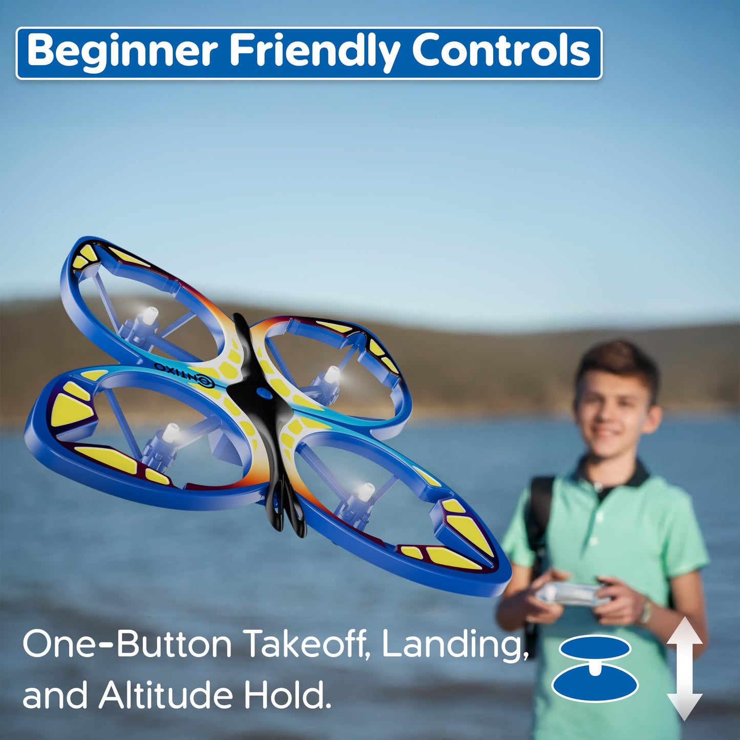Contixo TD2 Kids Mini Drone – Beginner RC Butterfly Drones with LED Lights, One-Button Takeoff and Landing, 3D Flip, Headless Mode, Altitude Hold, 3 Speeds, 2 Batteries, Toy for Boys and Girls-Blue