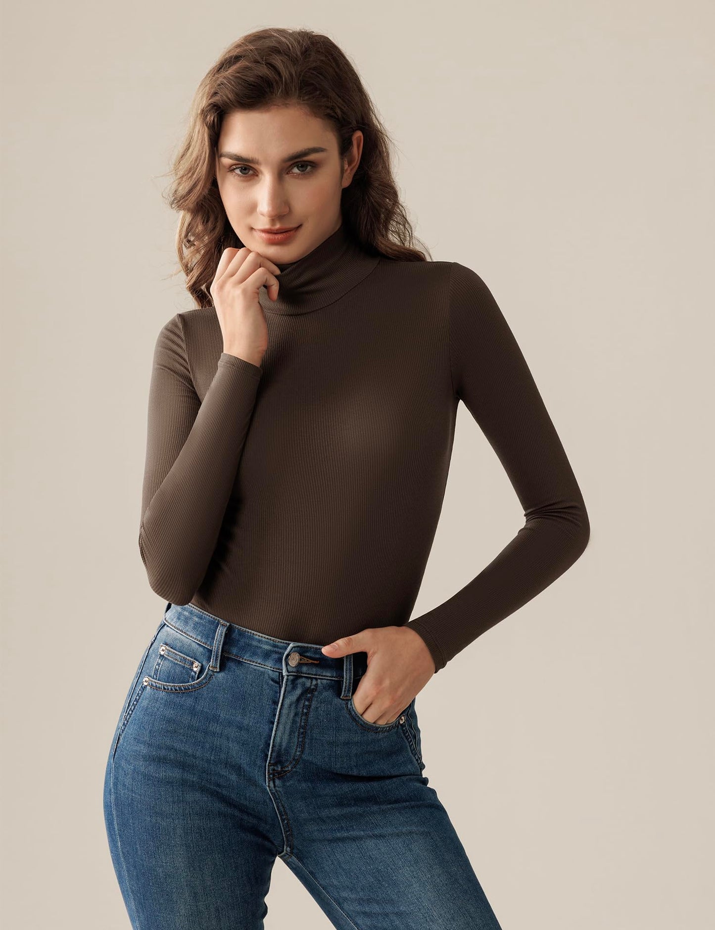 Bonneuitbebe Women's Ribbed Turtleneck 2 Pack Long Sleeve Shirts Basic Fitted Layering Tops Large