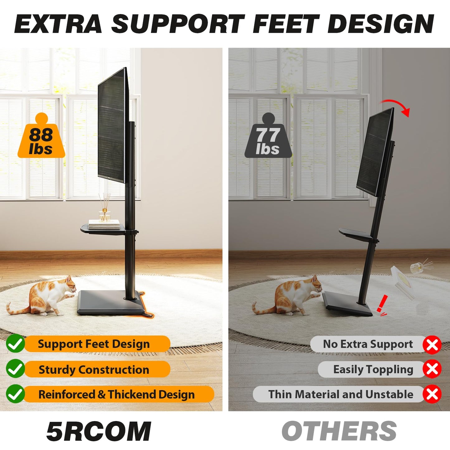 5Rcom Floor TV Stand with Mount for 32-60 inch TVs, Swivel and Height Adjustable Floor Standing TV Stands with Wood Base, Tall TV Stand with Shelf up to 88 lbs for Living Room, Bedroom and Corner