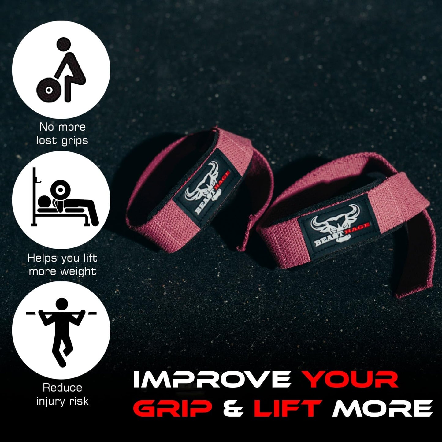 BEAST RAGE Lifting Wrist Straps for Weightlifting, Weight Lifting Straps Gym Power Workouts Lifting Straps Padded Cotton Men Women Supportive Lift Deadlift Straps Hard Pull Exercise Straps (T-Pink)