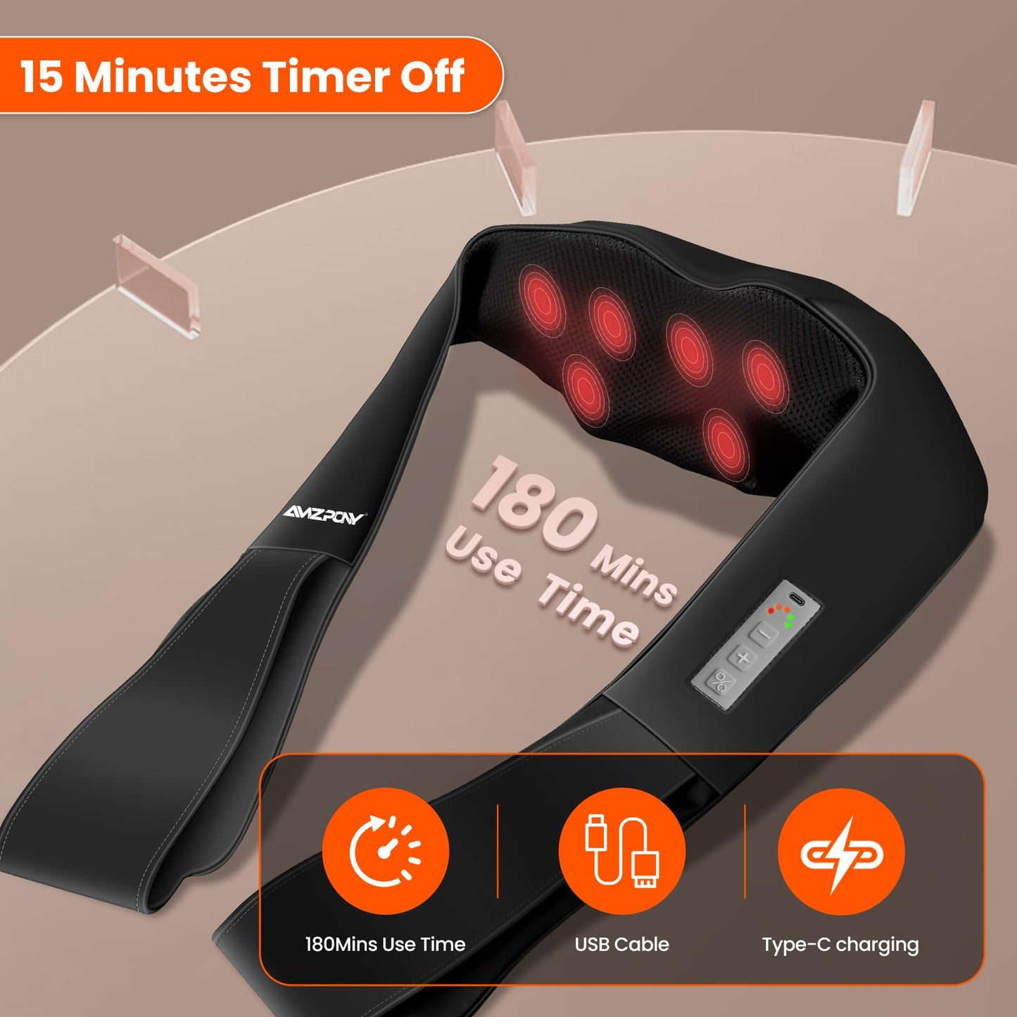 AMZPONY® Cordless Neck Massager for Pain Relief Deep Tissue, Rechargeable Shiatsu Neck and Back Massager Portable Kneading Shoulder Massage for Body Muscle Pain Relief,Gifts for Dad Mom Friends