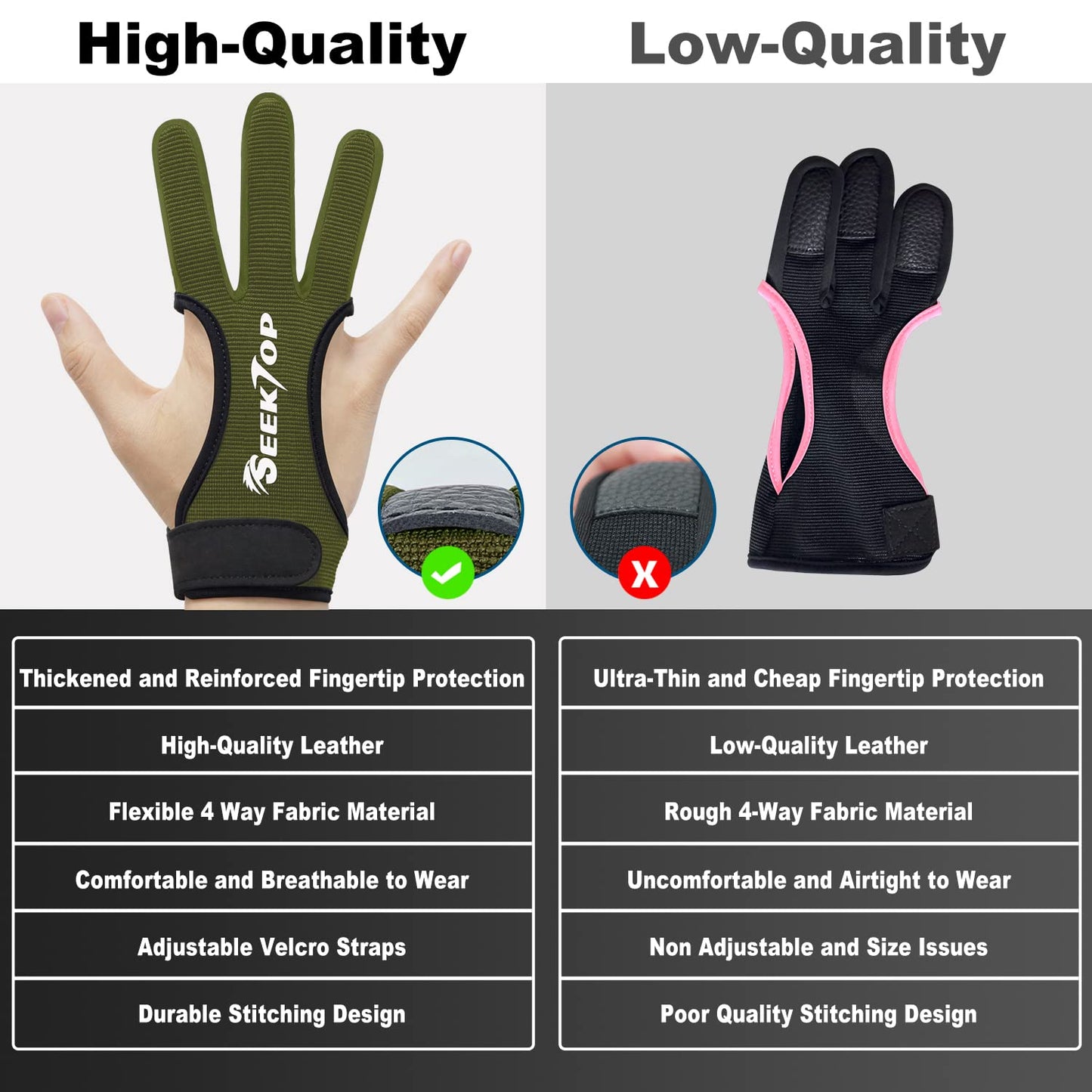 Seektop Archery Gloves Shooting Hunting Leather Three Finger Protector for Youth Adult Beginner (Green, S)