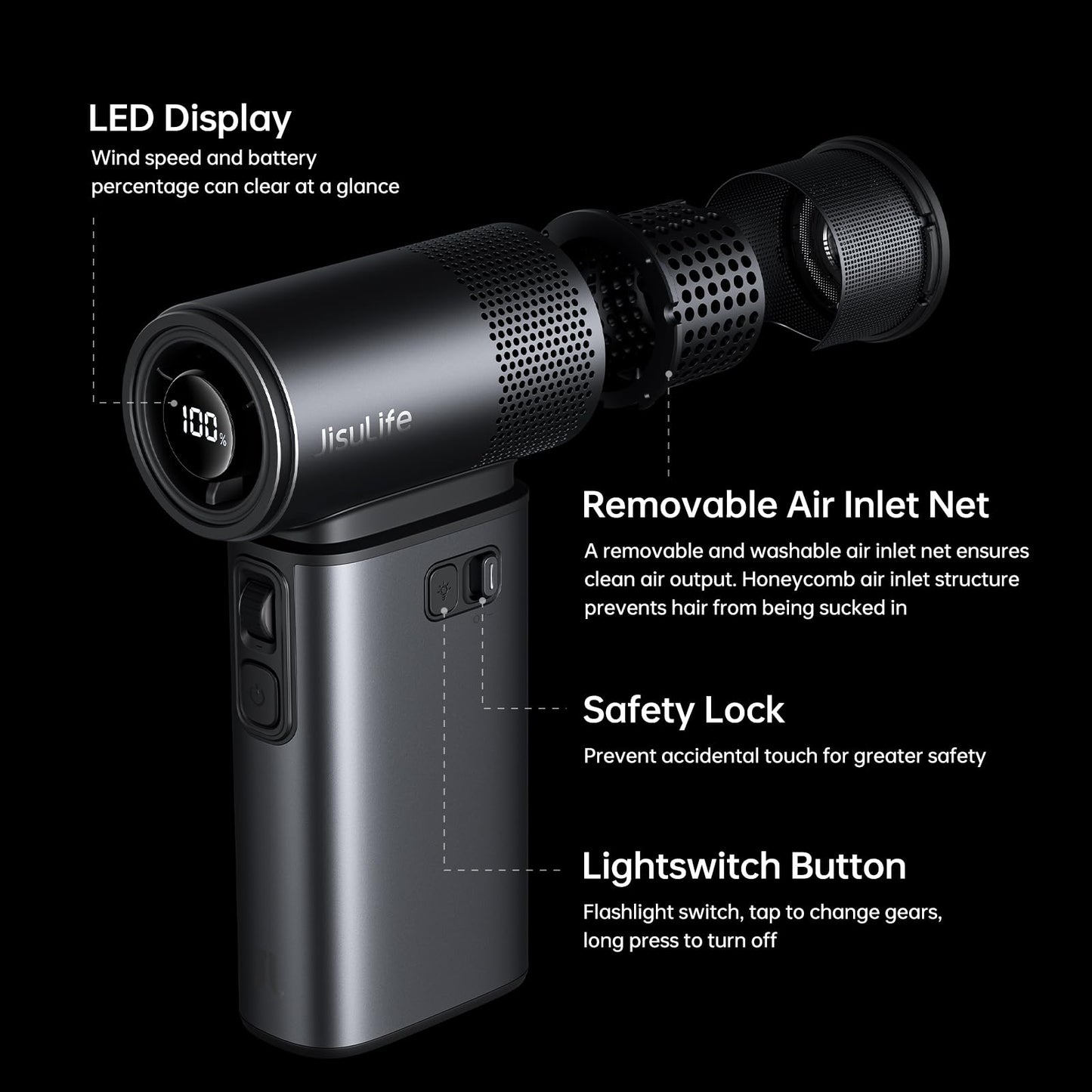 JISULIFE Portable Handheld Fan Ultra2, 9000mAh Max 25 Hrs, 5 IN 1, 100 Speed Turbo Fan Rechargeable 18W Power Bank with Flashlight, Metal Shell Multi-Function Travel Essentials Gifts for Men-Grey