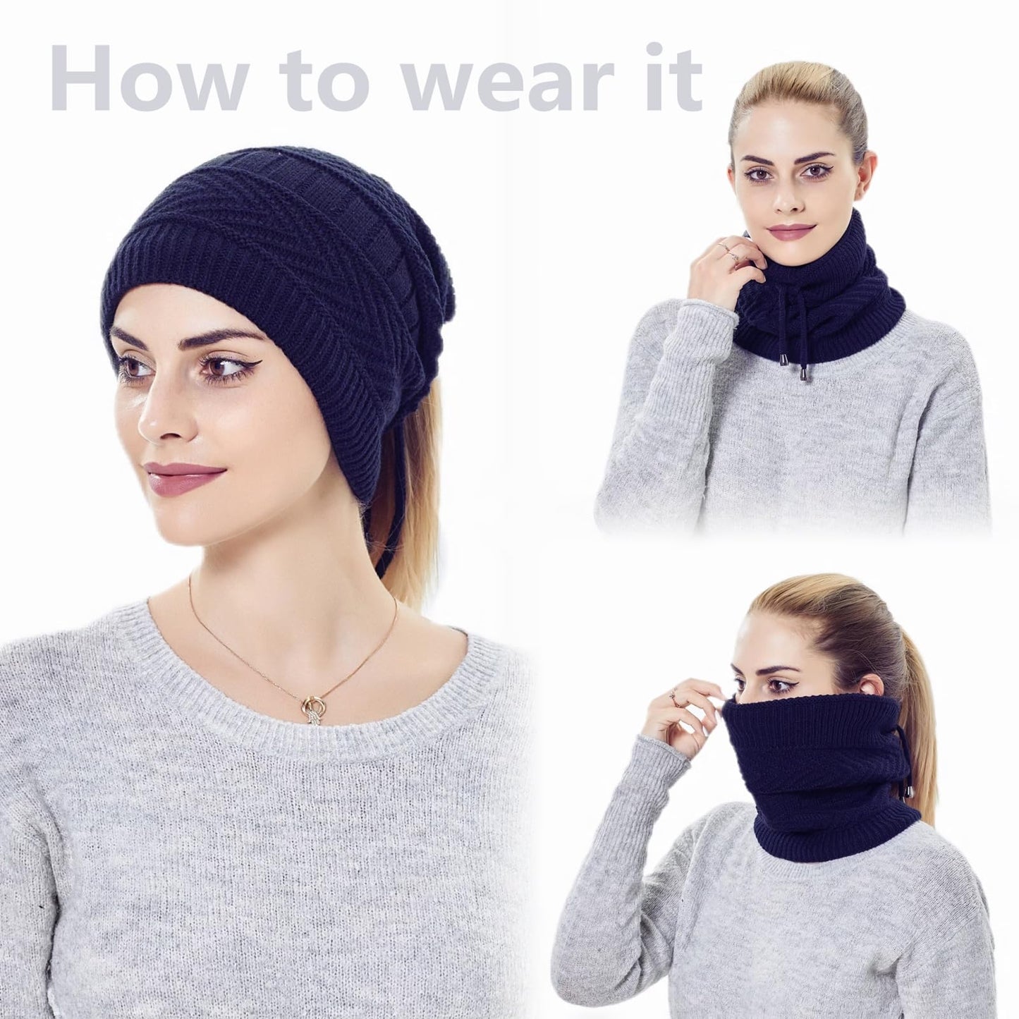 Windproof Warmer Winter Hat with Ponytail Hole,Adjustable Rope Ponytail Hat, Neck Gaiters Scarf Beanie for Women Men (Navy Blue)