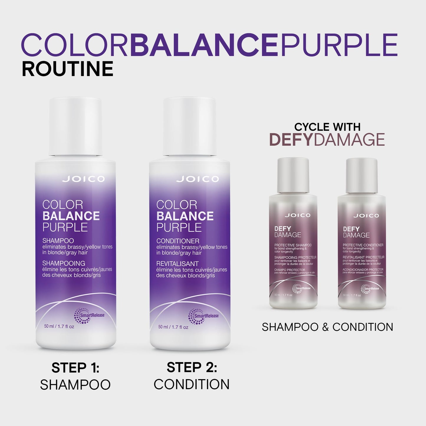 Joico Color Balance Purple Conditioner, 1.7 Fl Oz, For Cool Blonde, Gray Hair, Eliminates Brassy Yellow Tones, Boosts Vibrancy & Shine, UV Protection, With Rosehip Oil & Green Tea Extract