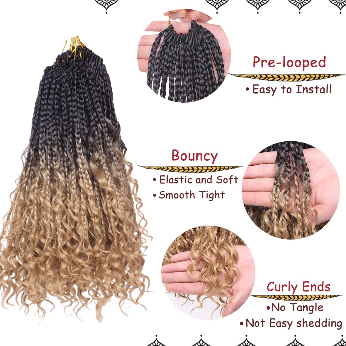 Beverlee 14 Inch 8 Packs Boho Box Braids Goddess Box Braids Crochet Hair Bohemian Hippie Braids Braiding Hair Box Braids with Curly Ends Messy Pre-looped Synthetic Crochet Hair for Black Women 128 Strands 1B/27#