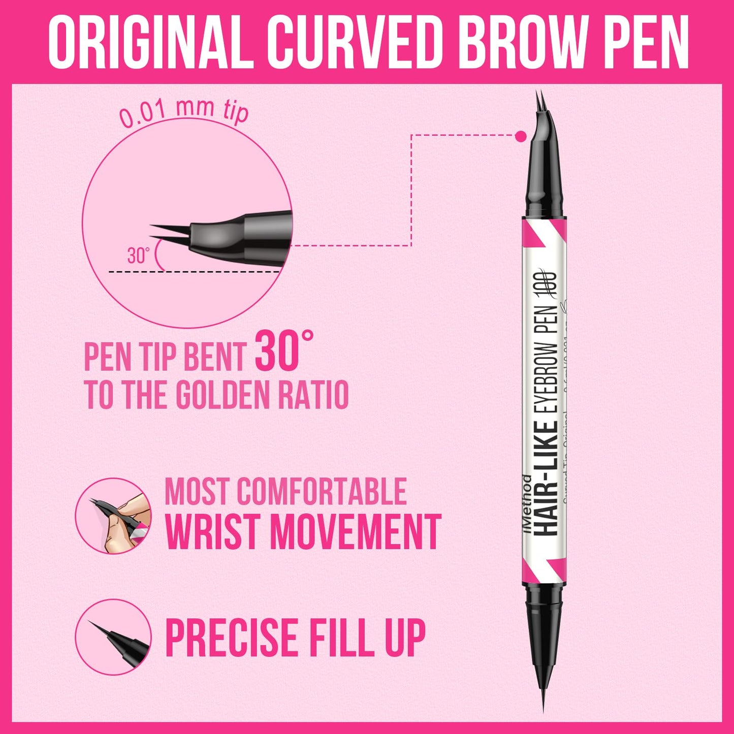 iMethod Curved Eyebrow Pen - 2-in-1 Dual-Ended Eyebrow Pencil with Curved Tip and Precise Brush-Tip, Microblading Pen for Natural Hair-Like Brows, Long Lasting, Reddish Brown