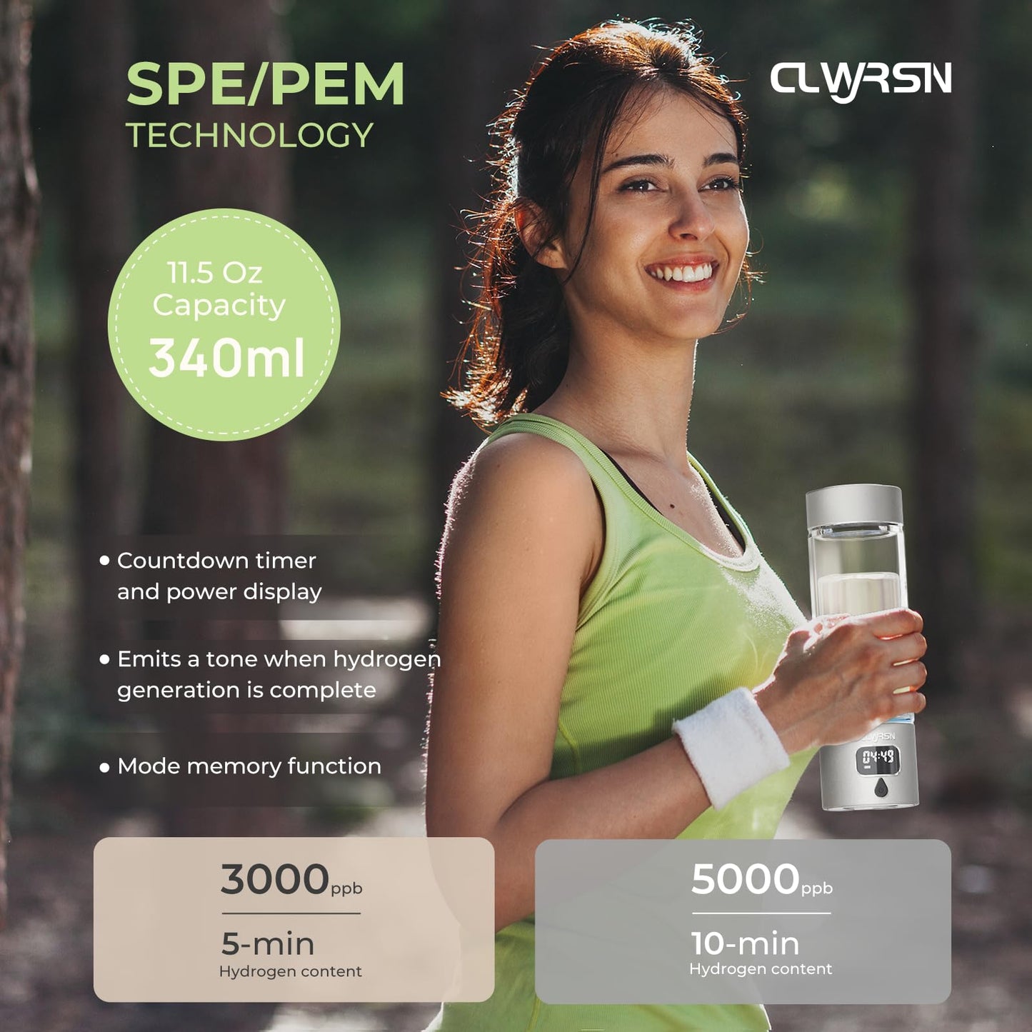 Hydrogen Water Bottle, Portable Glass Hydrogen Water Bottle Generator Machine-SPE/PEM Technology-Athletic Performance & Hydration System-for Office, Home & Outdoor Use(Silver)