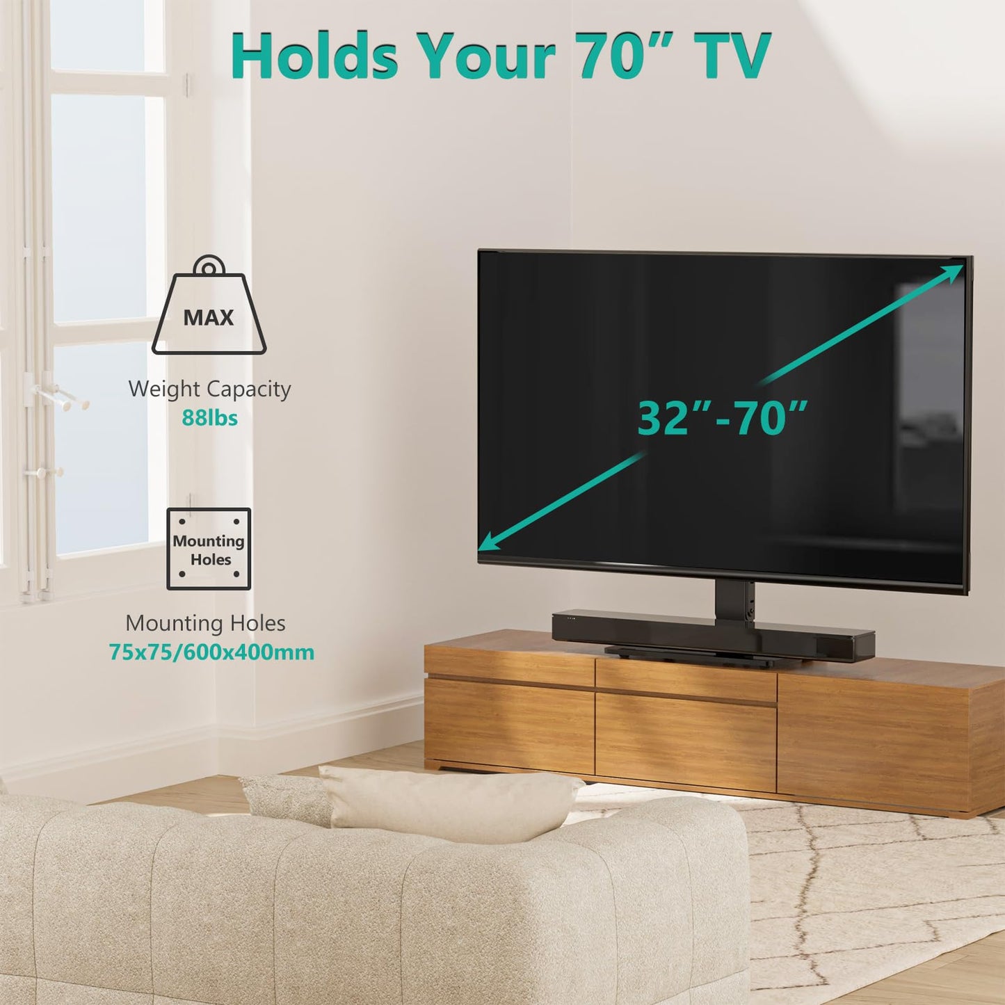 WALI TV Stand with Power Outlet, Universal TV Mount Stand for 32-70 inch TVs, 6 Height Adjustable and 70° Swivel TV Mount Stand Holds up to 88lbs, Max VESA 600x400mm(TVDVD-5P)