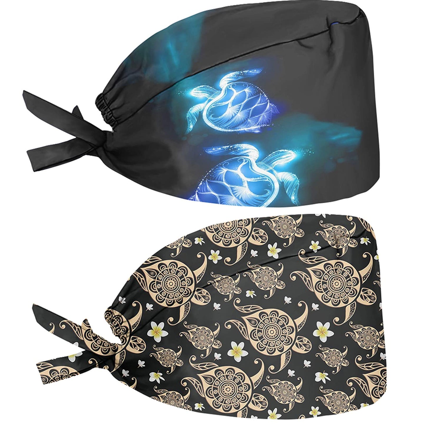 Babrukda 2 Pack Bohemian Sea Turtle Printed Hat Cap Adjustable Strap Tie Back Hats for Women Men Universal Head Hair Cover with Sweatband Headscarf for Home Outdoor Party Walking