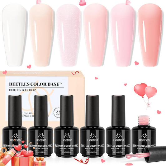Beetles Color Base Gel Nail Polish, 6 Colors Nude Pink Gel Polish Set Neutral Base Coat 3 in 1 Builder Base for Nail Strengthener Soak Off Nail Art for Women