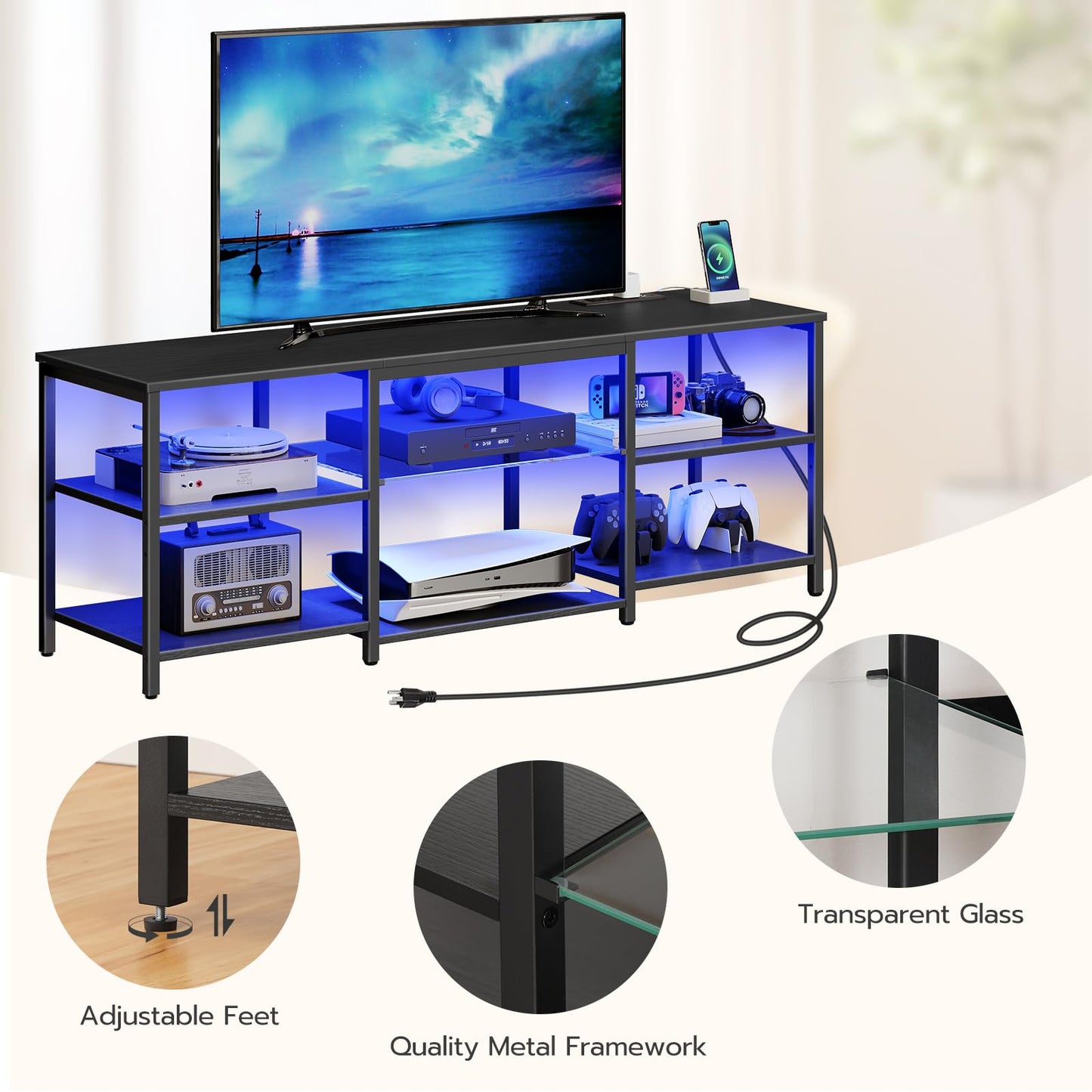 HOOBRO LED TV Stand for 65 Inch TVs with Charging Station, Gaming Entertainment Center with 3-Tier Open Storage, Long Media TV Console Table, TV Stand for Living Room, Bedroom, Black BB20UDDS01