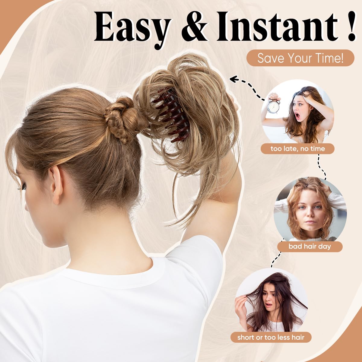 SARLA 2PCS Messy Bun Hair Pieces for Women Detachable Claw Clip Wavy Curly Synthetic Hairpieces for Updos with Tendrils Fake Scrunchies Ponytail Extension Brunette/Ash Blonde