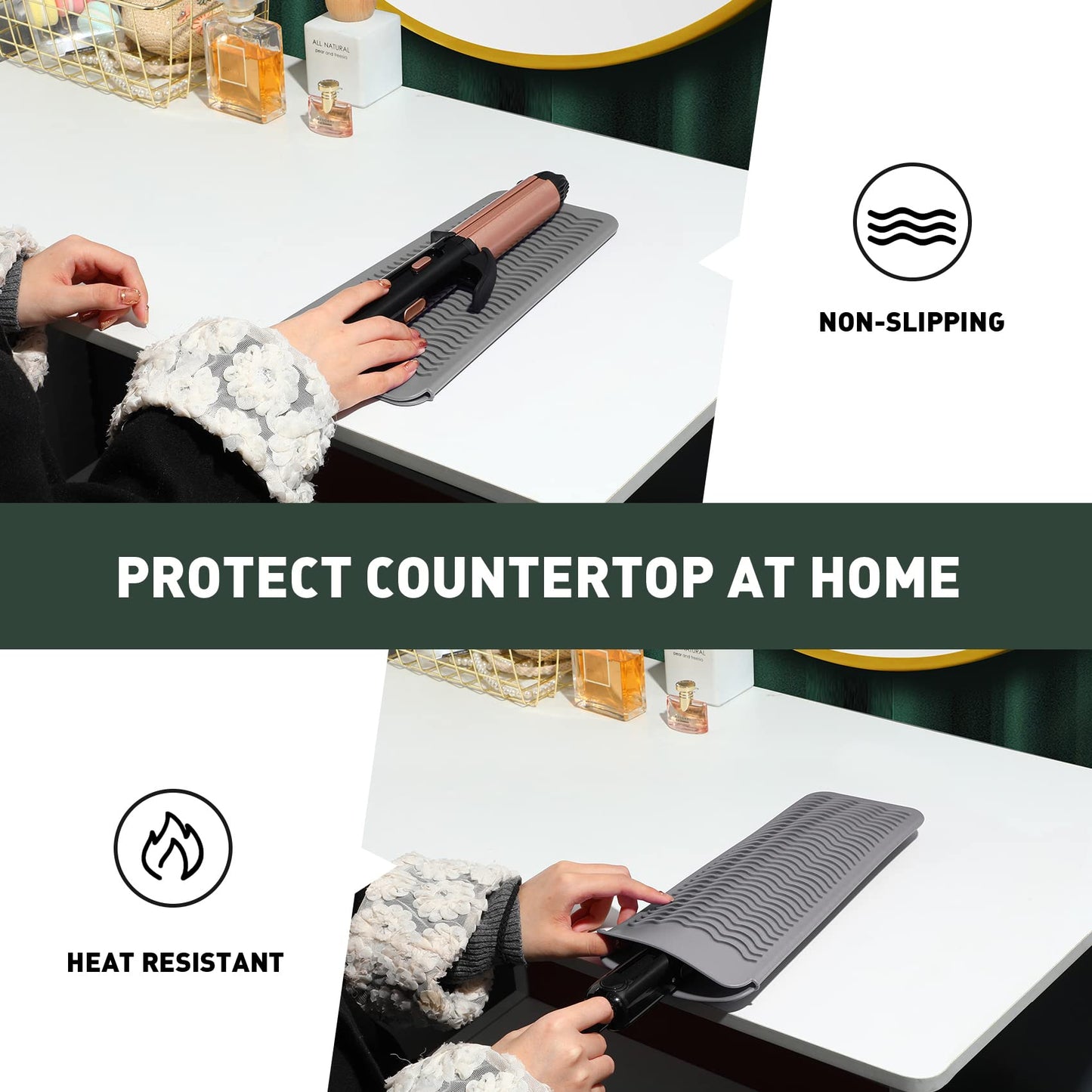 ZAXOP 2 Pack Heat Resistant Silicone Mat Pouch for Flat Iron, Curling Iron,Hair Straightener,Hair Curling Wands,Hot Hair Tools (Mintgreen-Grey)