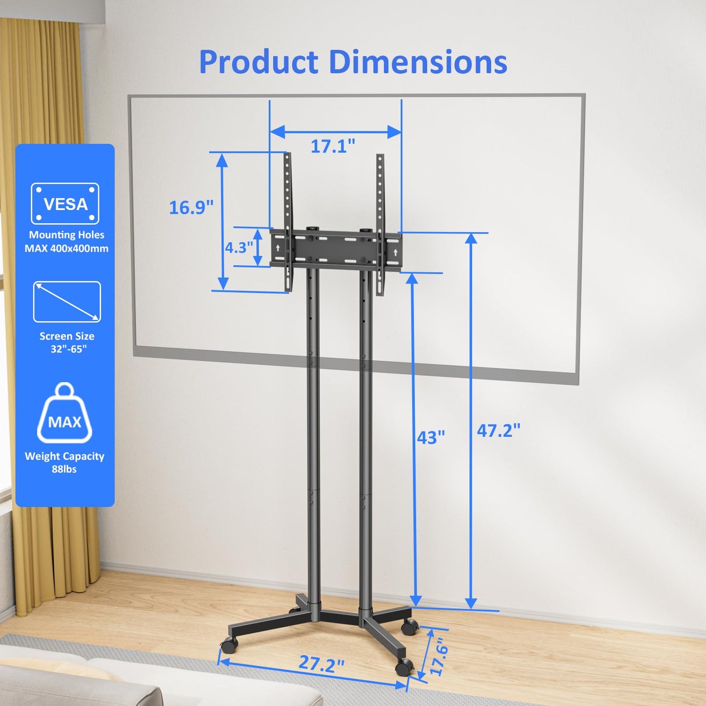Afaloona Rolling TV Stand for 32 to 65 inch TVs up to 88 lbs, Mobile TV Cart with Lockable Wheels, Height Adjustable, Max VESA 400x400mm, Portable Mobile TV Stand for Bedroom, Office, Outdoor, Black