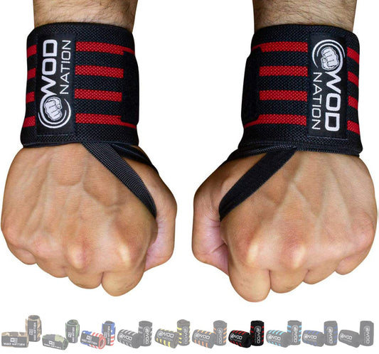 WOD Nation Wrist Wraps for Weightlifting, 12” Professional Gym Wrist Straps w/Thumb Loop Men & Women, Wrist Support Wraps for Strength Training, Powerlifting & Bodybuilding (Black/Red)