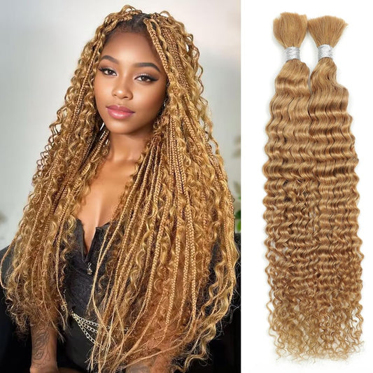 Blonde Human Braiding Hair for Boho Braids 18 Inch 100g Deep Wave Bulk No Weft Hair Extensions 27#