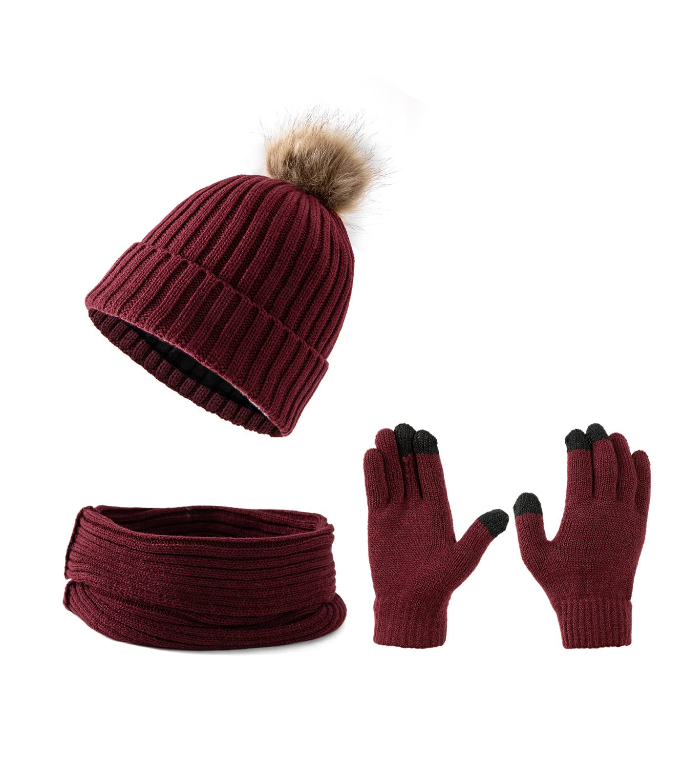 Embouro Women's 3 in 1 Pom-pom Beanie Scarf Glove Set, Cold Weather Winter Set for Women with Detachable Pom-poms (Wine Red)