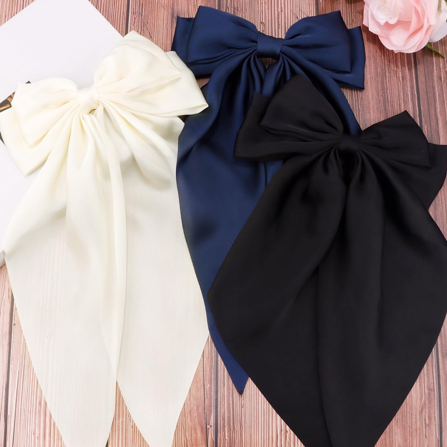 VELSCRUN Hair Bows for Women Girls 3Pcs White Hair Bow Black Hair Bow Navy Blue Big Hair Bows Clip Silky Satin Large Hair Ribbons Oversized Long Tail Hair Bows Hair Barrettes Hair Accessories Gifts