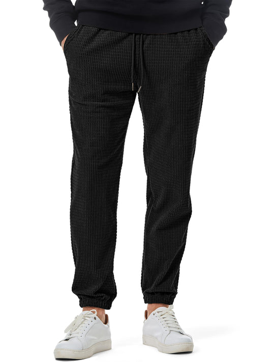 JMIERR Sweatpants for Men Casual Waffle Pants Drawstring Stretch Elastic Waist Winter Textured Tapered Joggers with Pockets, 2XL, Black