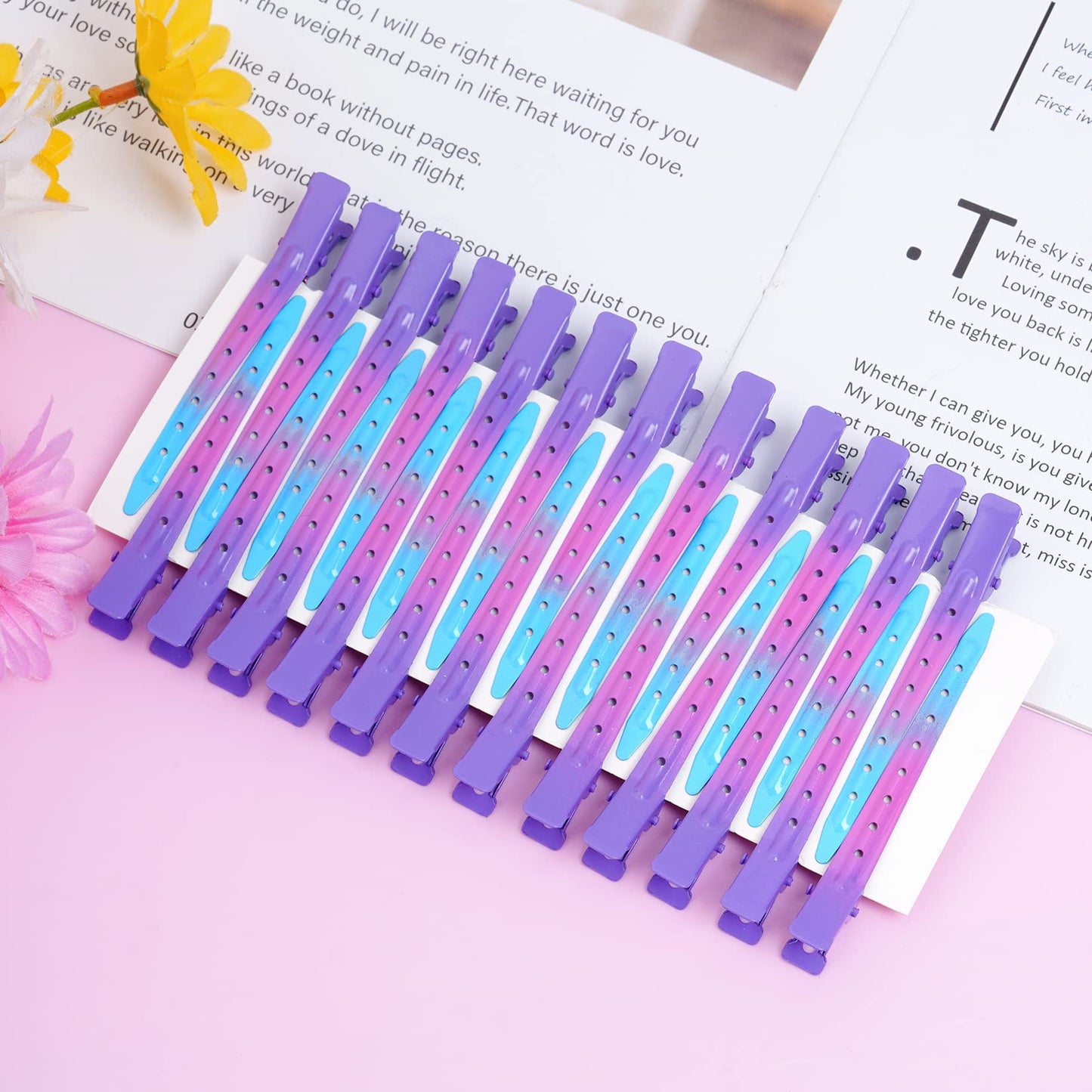 24 Packs Duck Bill Clips, Bantoye 3.35 Inches Rustproof Metal Alligator Curl Clips with Holes for Hair Styling, Hair Coloring, Gradient Purple